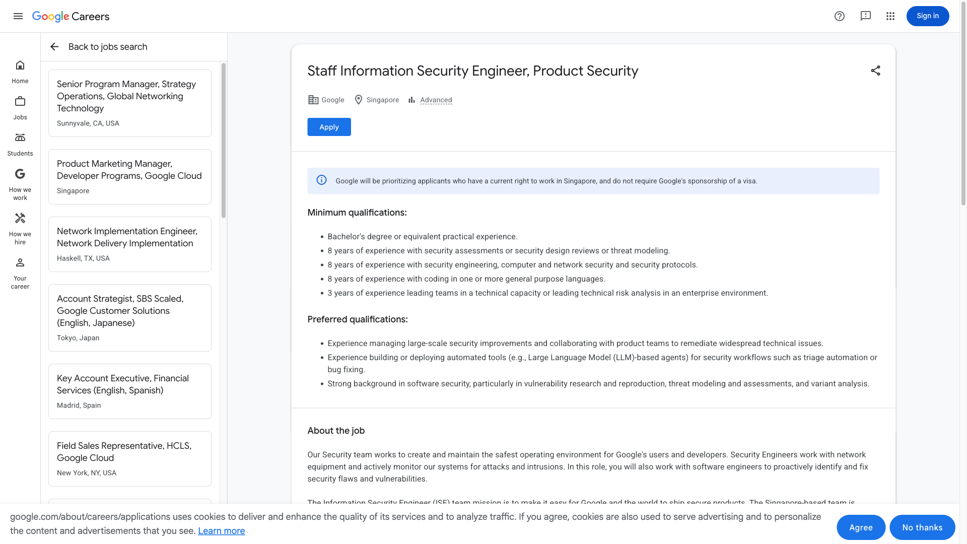 Screenshot of the Google Staff Information Security Engineer, Product Security job posting, captured 2026-10-08