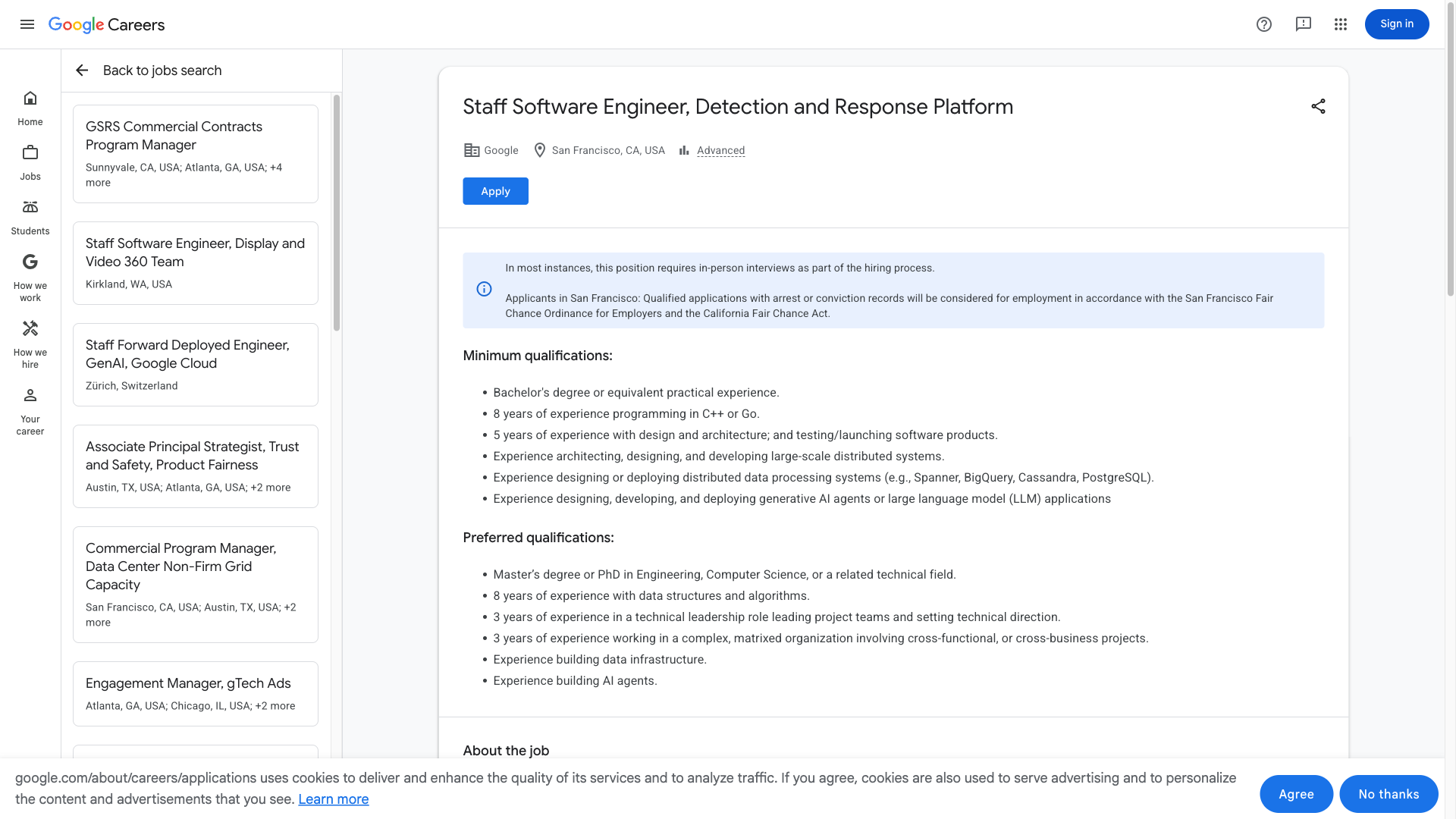 Screenshot of the Google Staff Software Engineer, Detection and Response Platform job posting, captured 2026-10-01