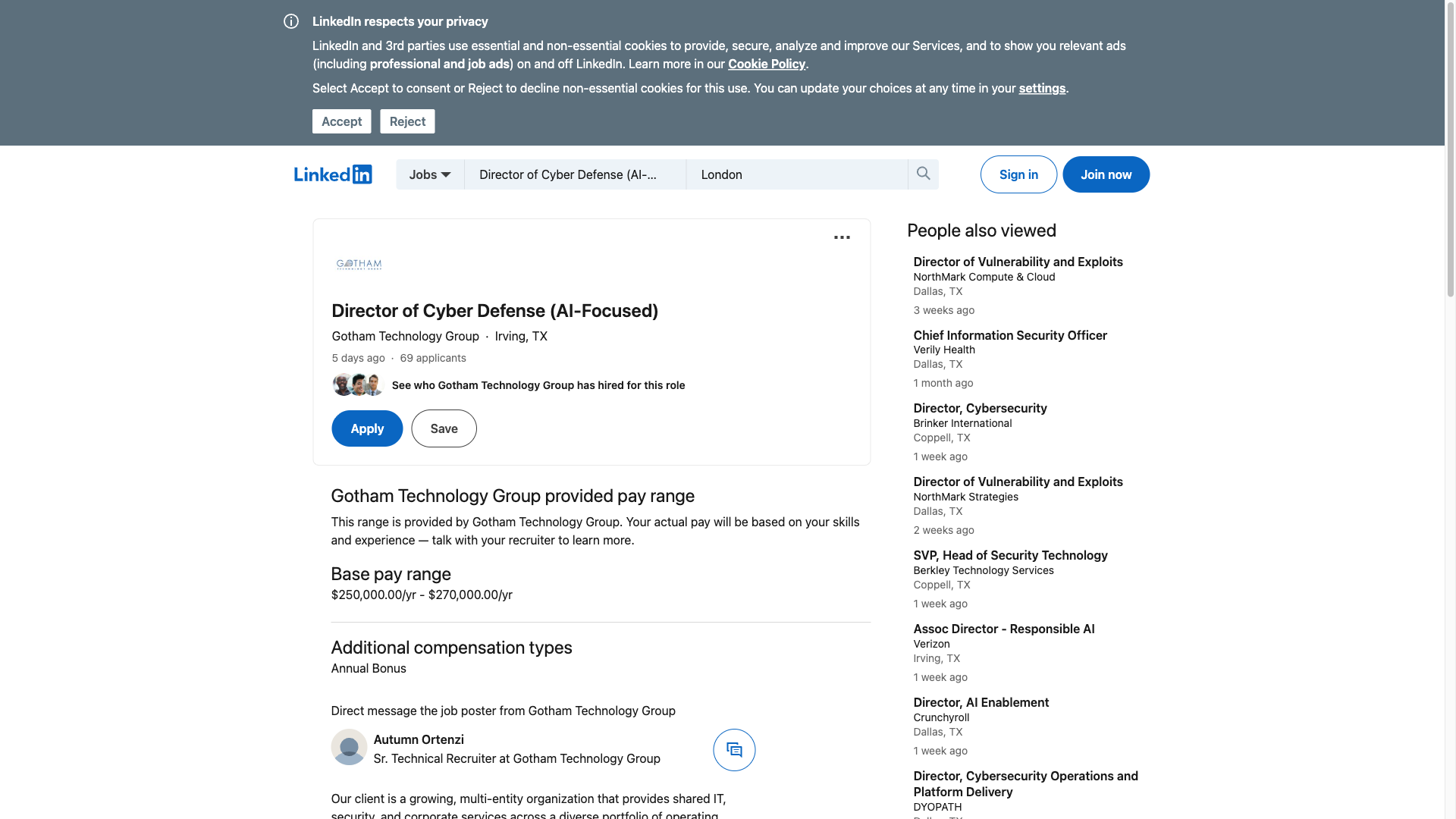 Screenshot of the Gotham Technology Group Director of Cyber Defense (AI-Focused) job posting, captured 2026-10-01