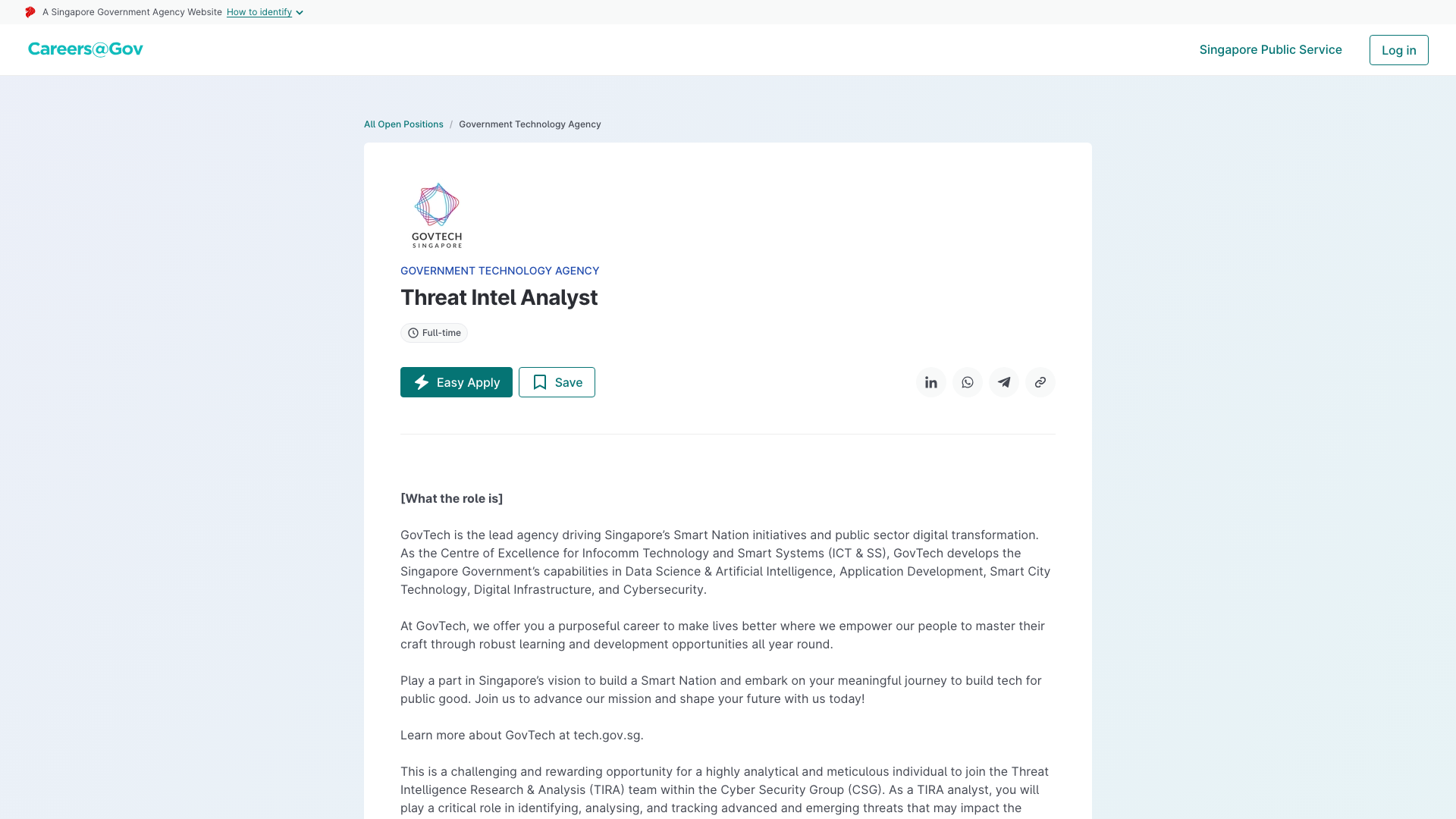 Screenshot of the GovTech Threat Intel Analyst job posting, captured 2026-09-05
