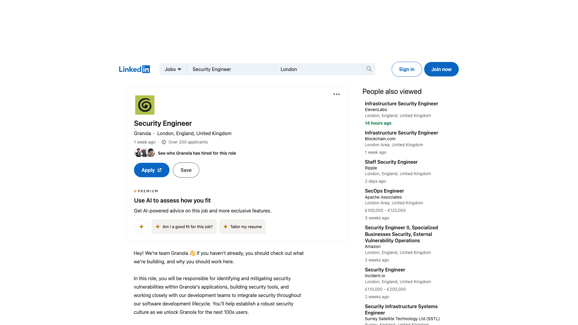 Screenshot of the Granola Security Engineer job posting, captured 2026-09-05