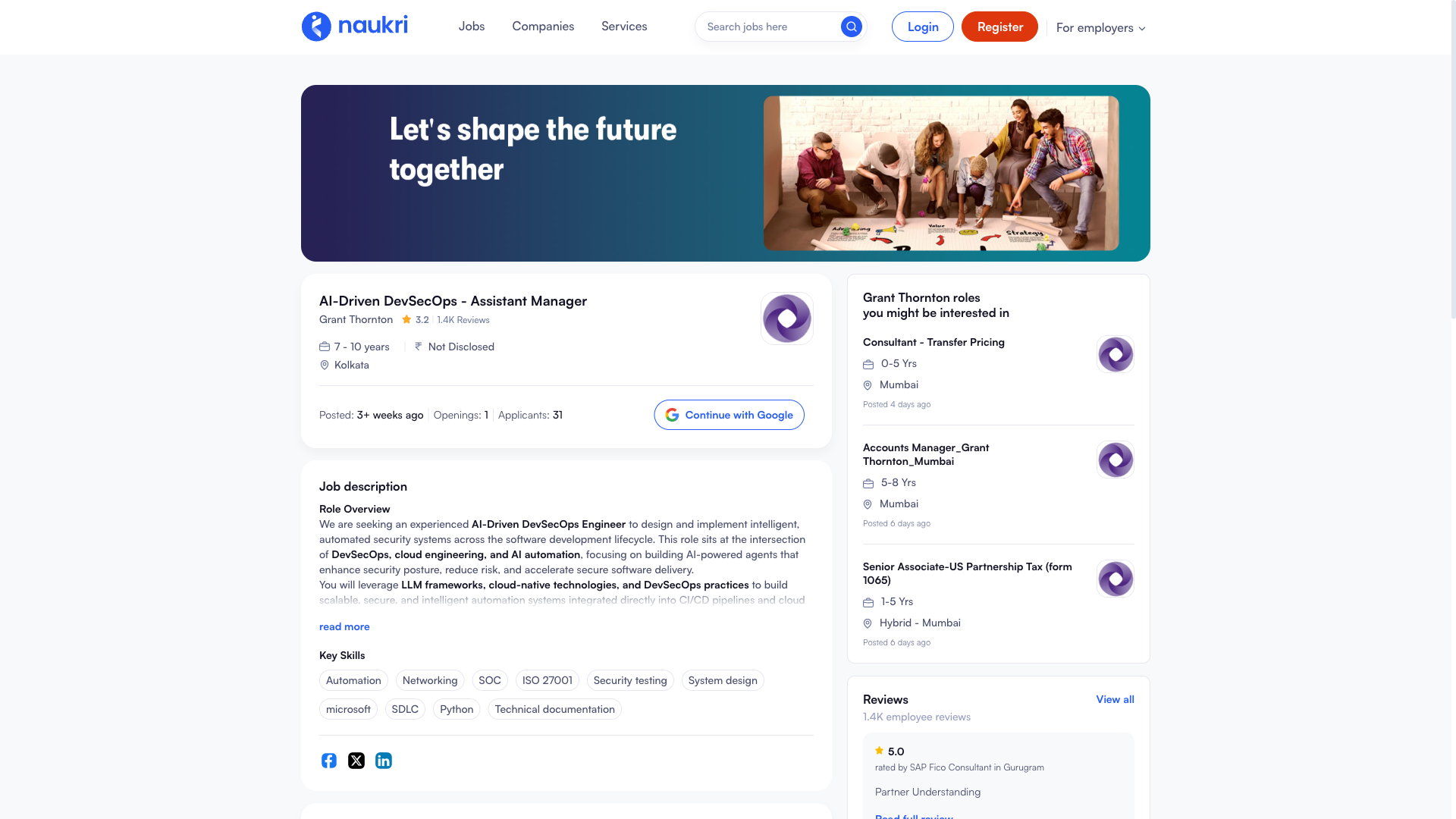 Screenshot of the Grant Thornton AI-Driven DevSecOps - Assistant Manager job posting, captured 2026-09-05