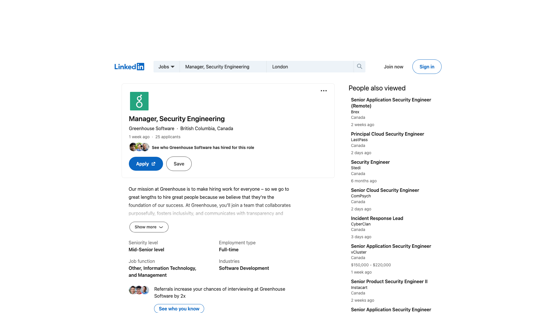 Screenshot of the Greenhouse Software Manager, Security Engineering job posting, captured 2026-09-05