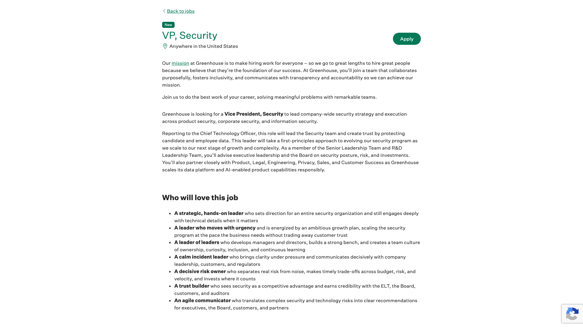 Screenshot of the Greenhouse Software VP, Security job posting, captured 2026-10-26