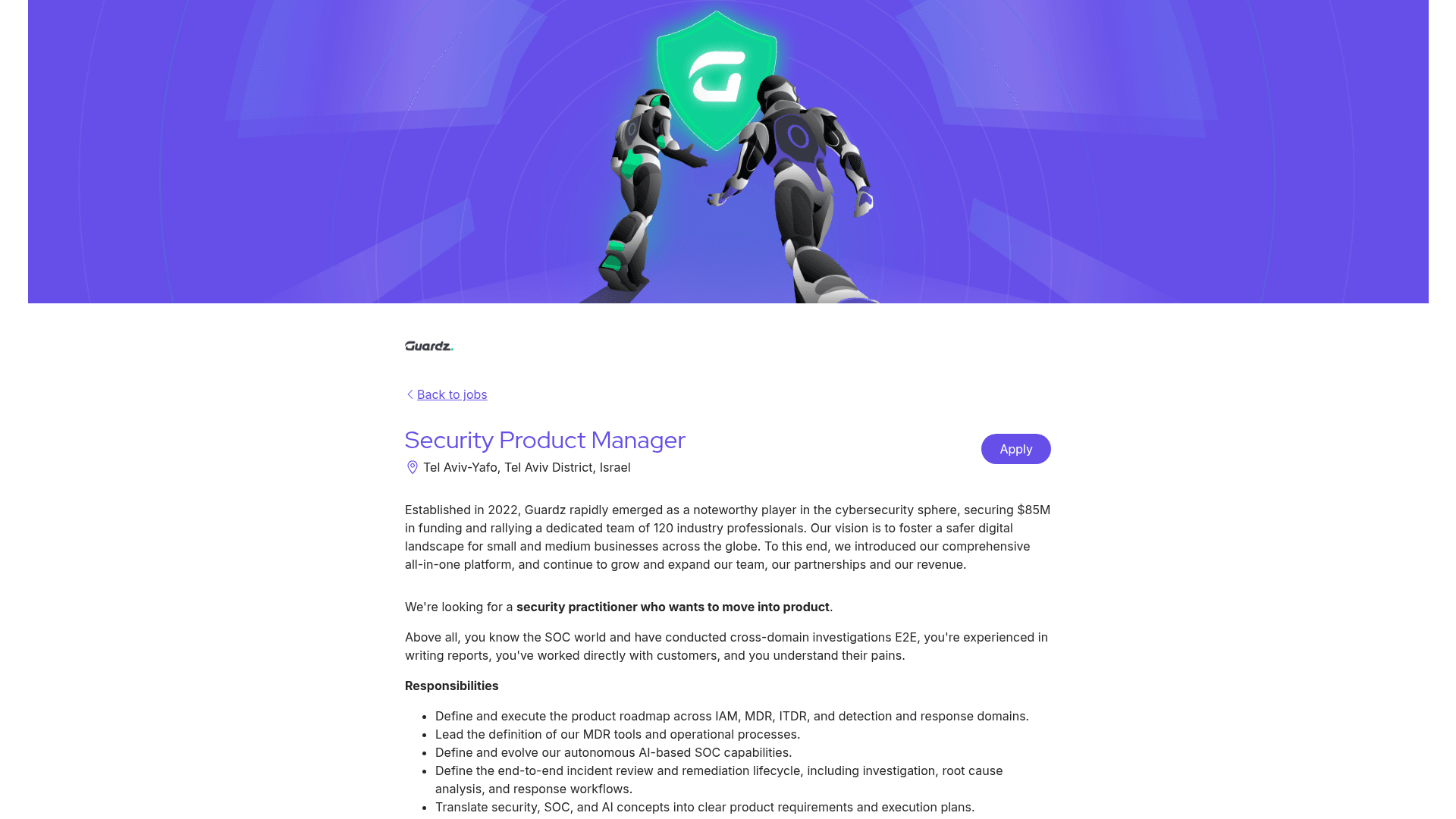 Screenshot of the Guardz Security Product Manager job posting, captured 2026-08-31