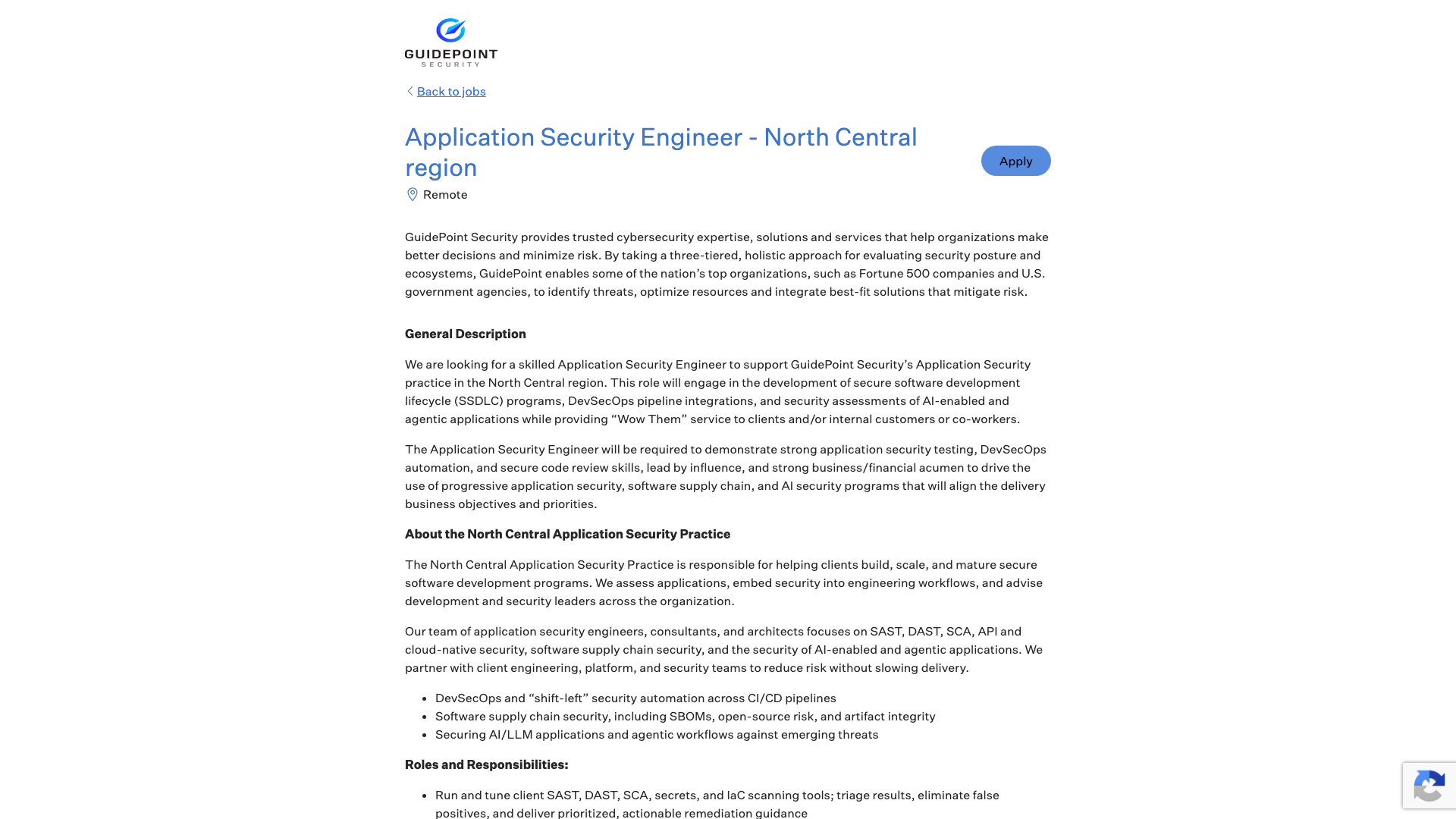 Screenshot of the GuidePoint Security Application Security Engineer - North Central region job posting, captured 2026-10-22