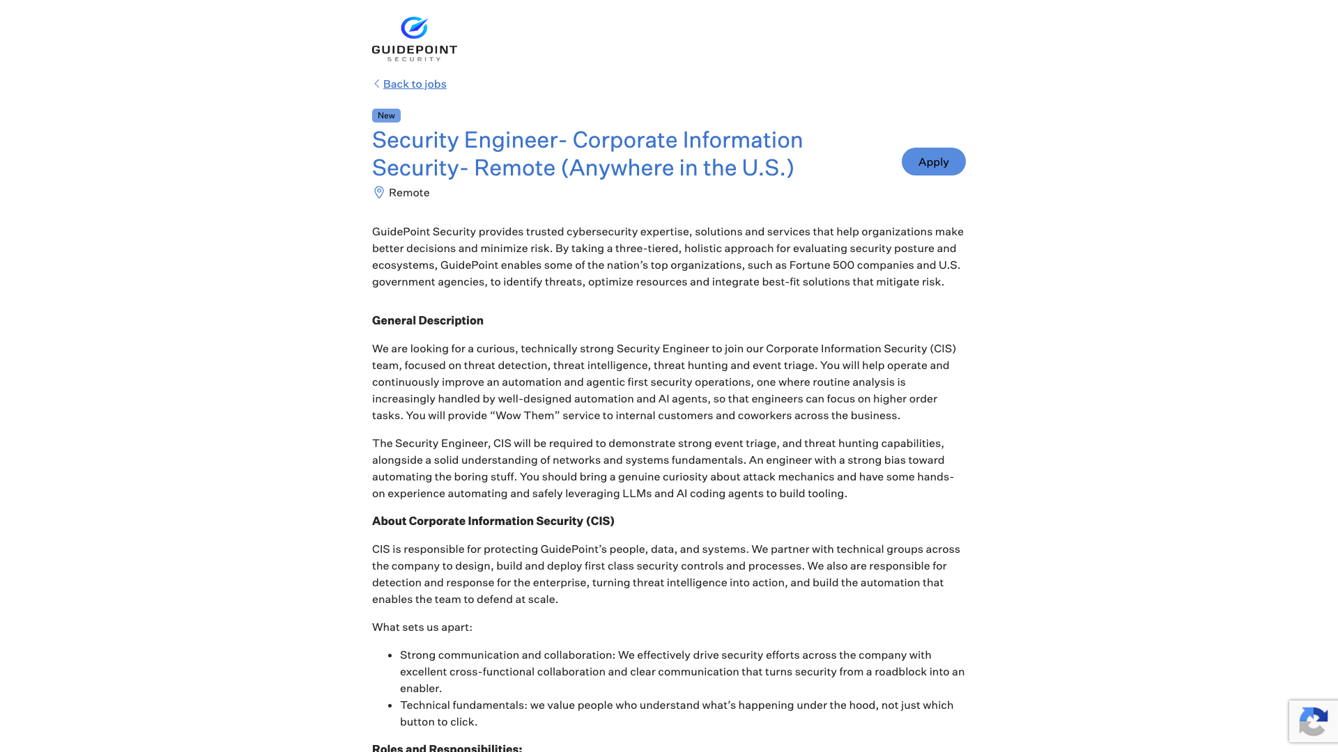 Screenshot of the GuidePoint Security Security Engineer- Corporate Information Security- Remote (Anywhere in the U.S.) job posting, captured 2026-10-22