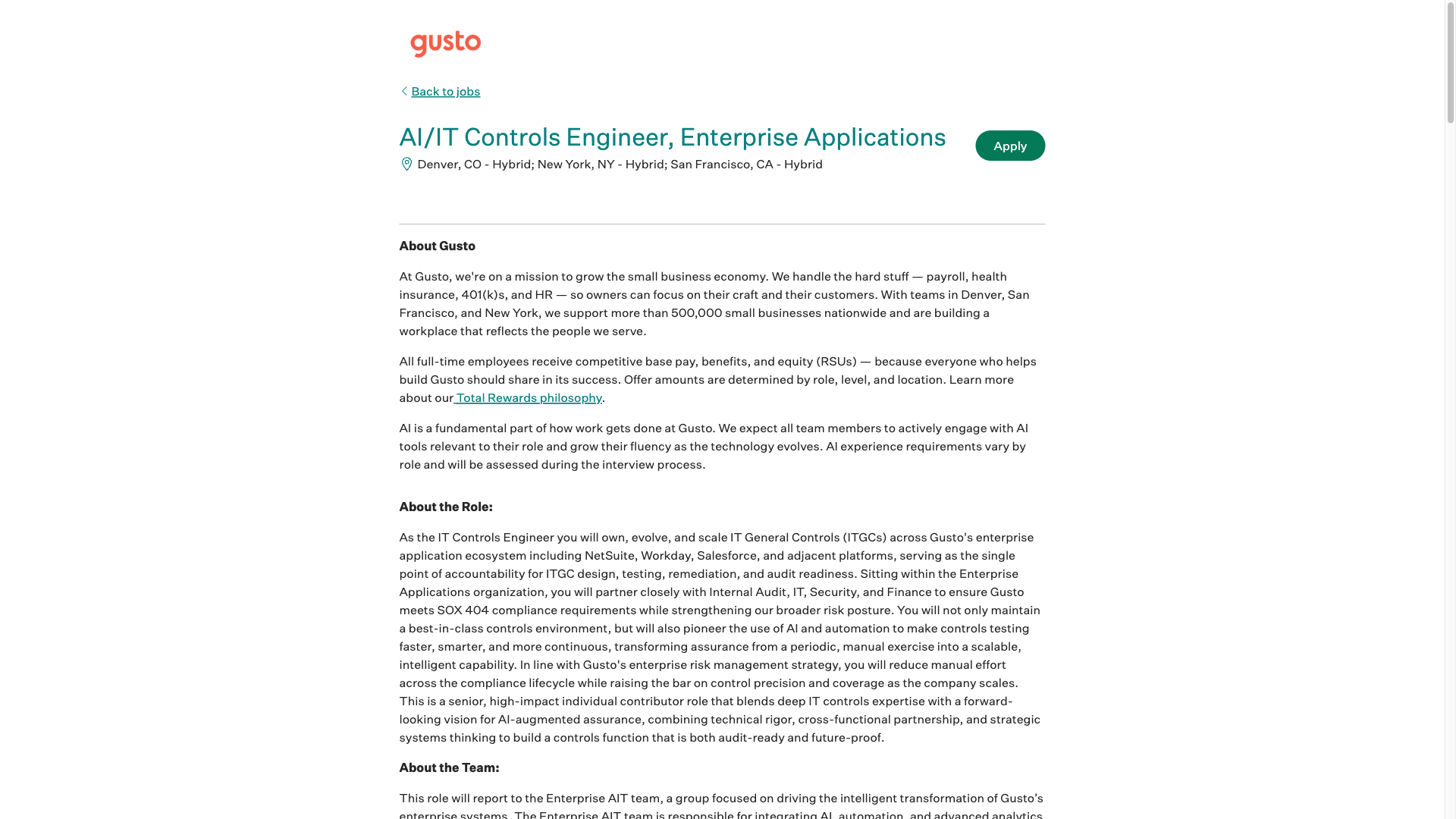 Screenshot of the Gusto AI/IT Controls Engineer, Enterprise Applications job posting, captured 2026-10-08