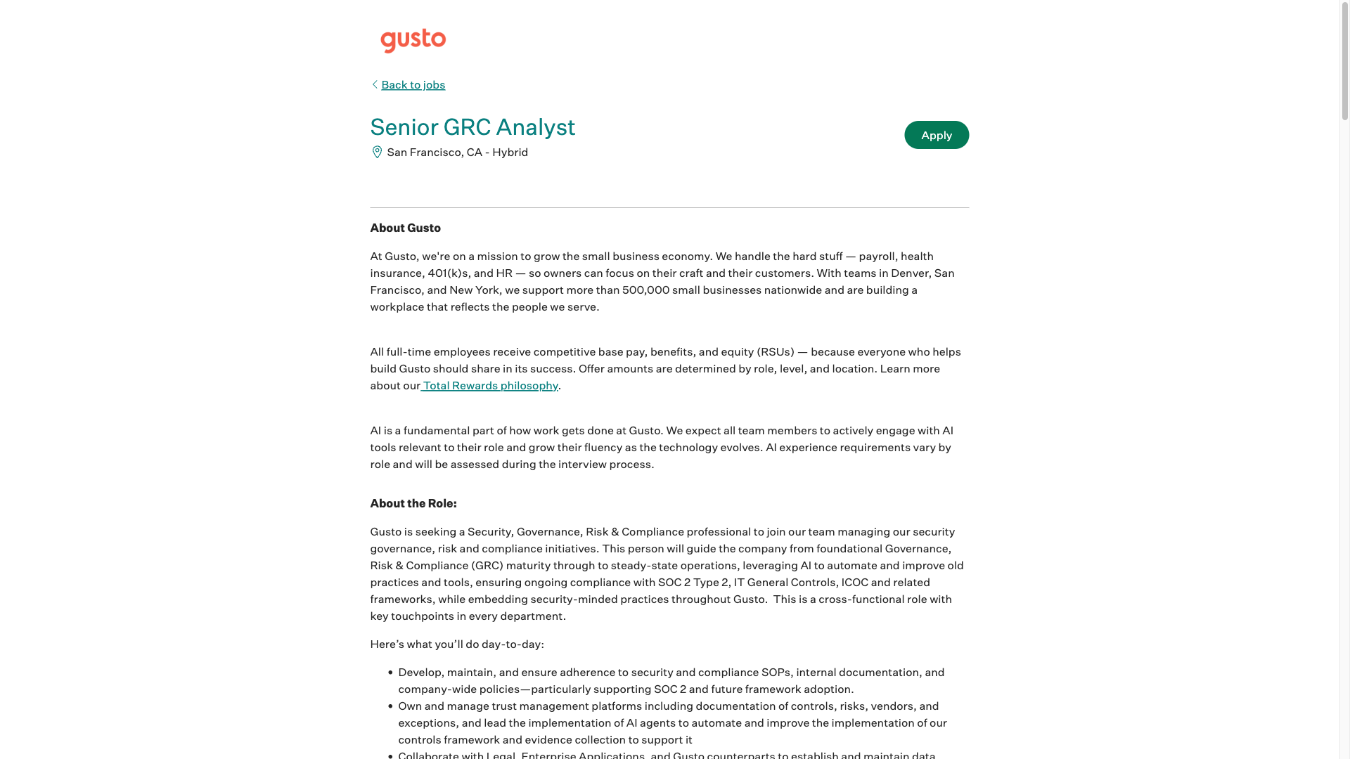 Screenshot of the Gusto Senior GRC Analyst job posting, captured 2026-09-23