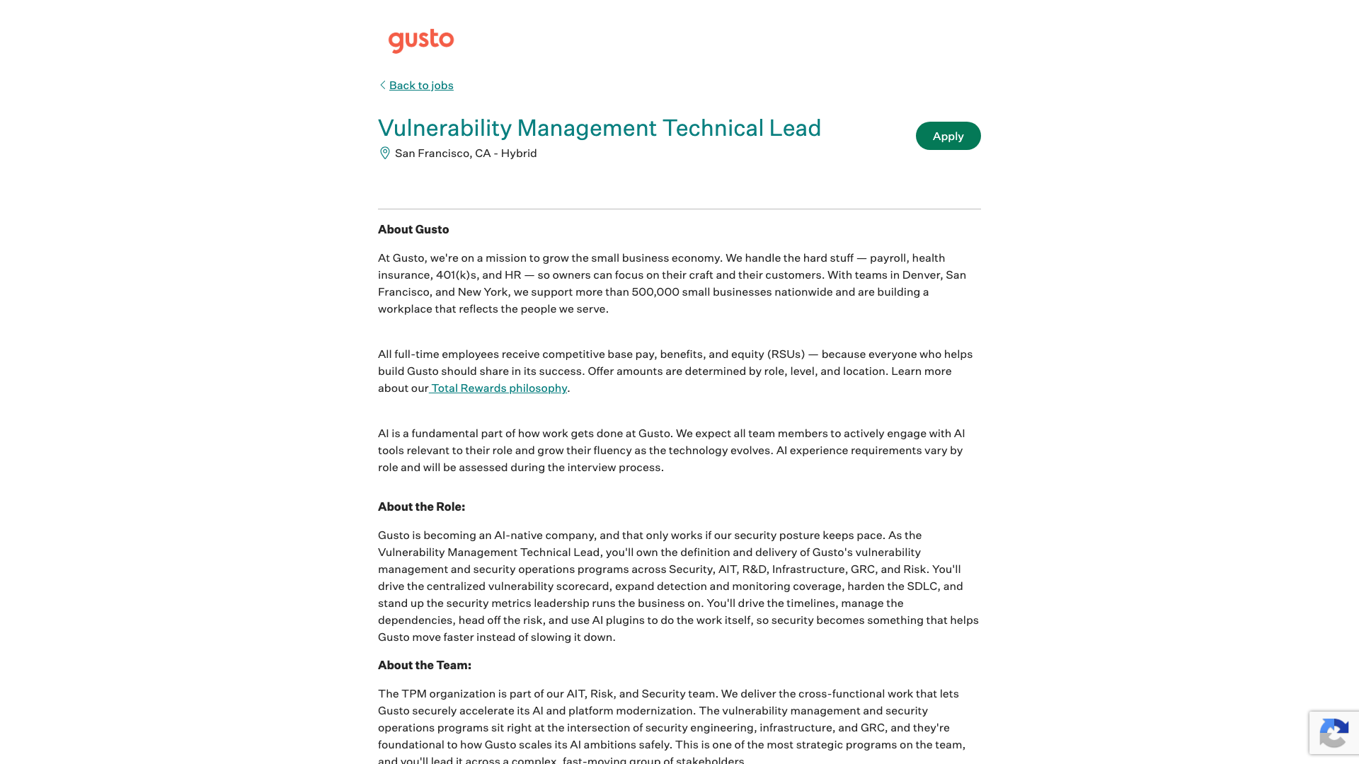 Screenshot of the Gusto Vulnerability Management Technical Lead job posting, captured 2026-09-07