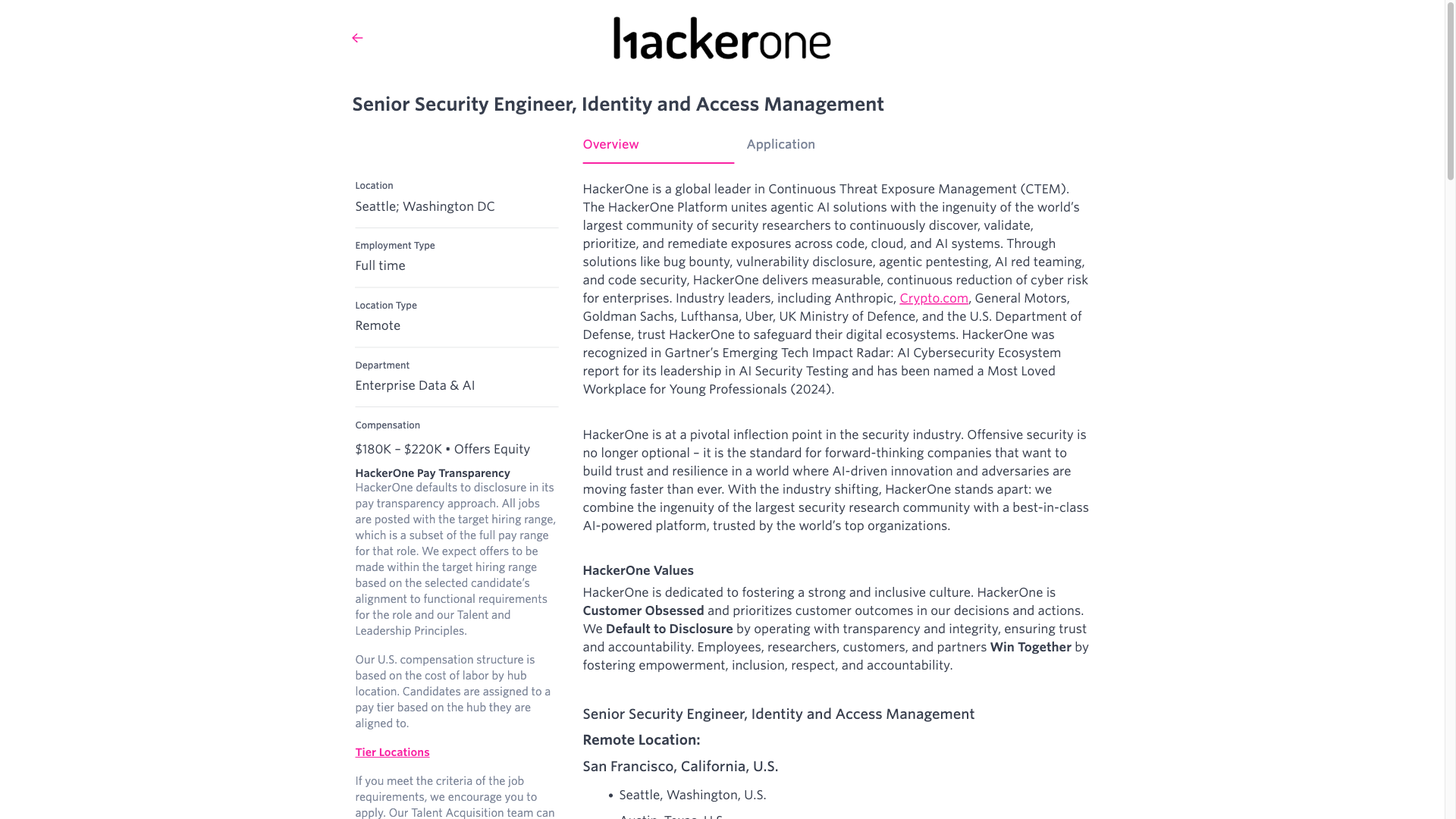 Screenshot of the HackerOne Senior Security Engineer, Identity and Access Management job posting, captured 2026-10-01