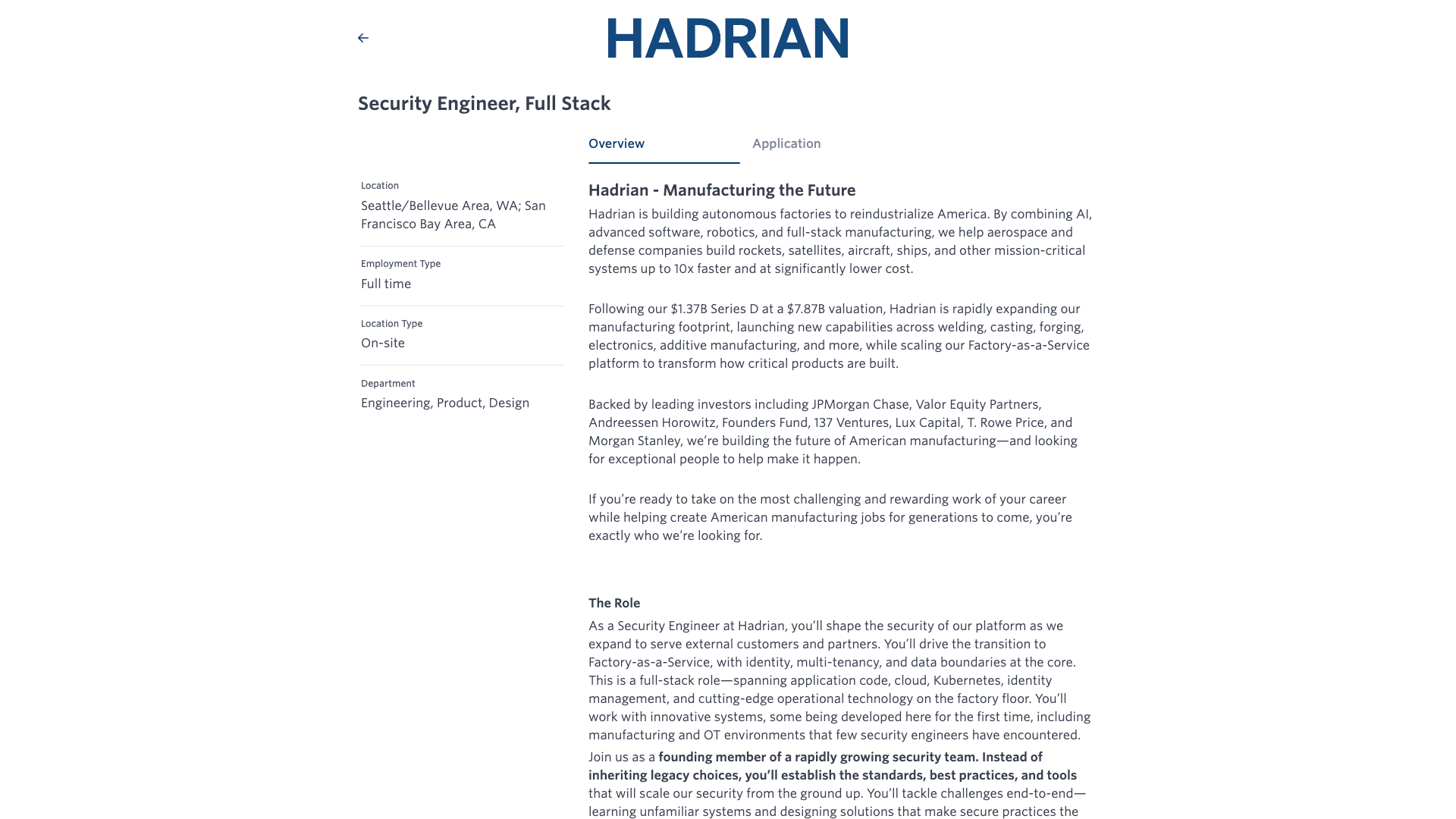 Screenshot of the Hadrian Security Engineer, Full Stack job posting, captured 2026-10-08