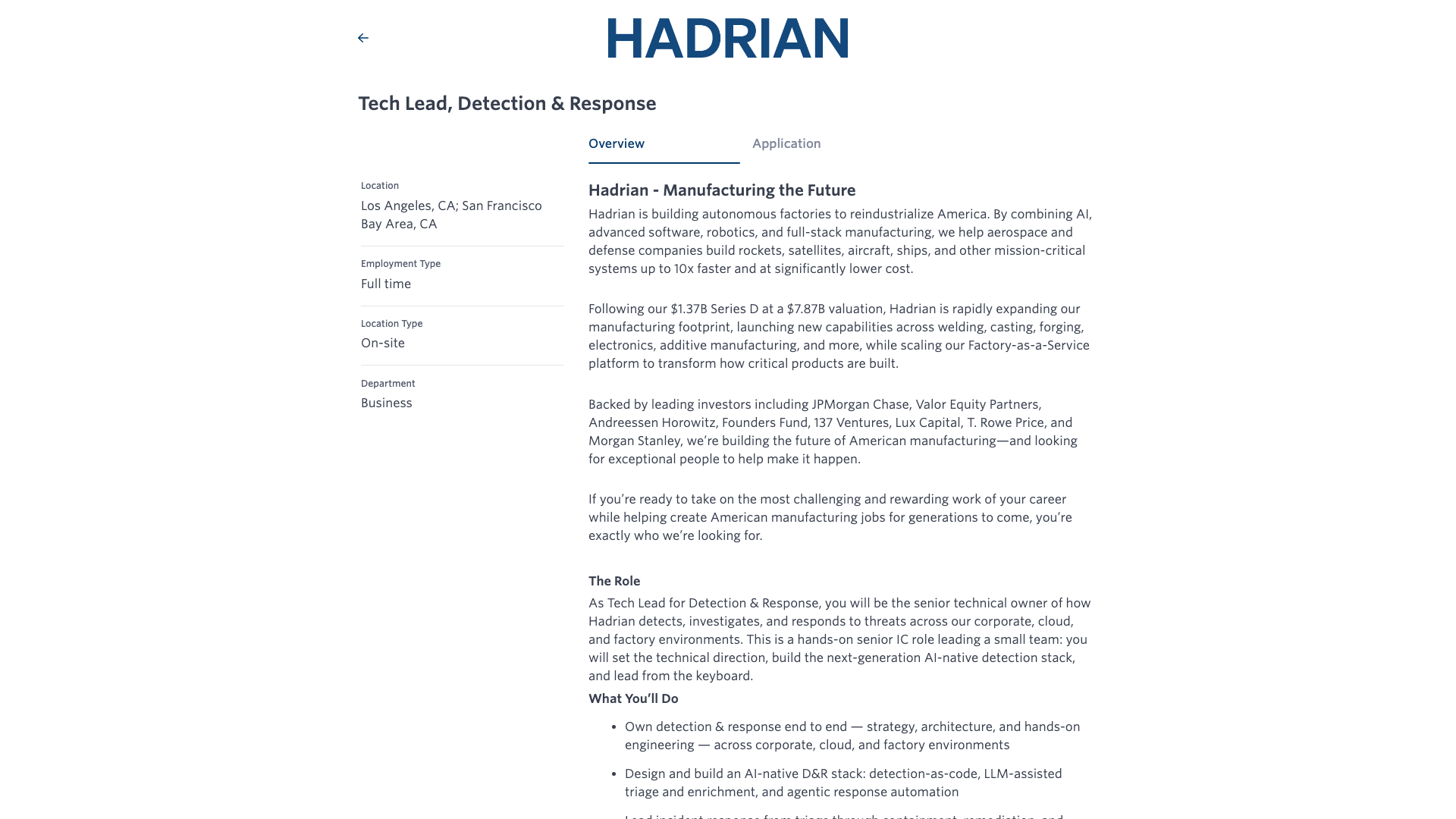Screenshot of the Hadrian Tech Lead, Detection & Response job posting, captured 2026-10-08