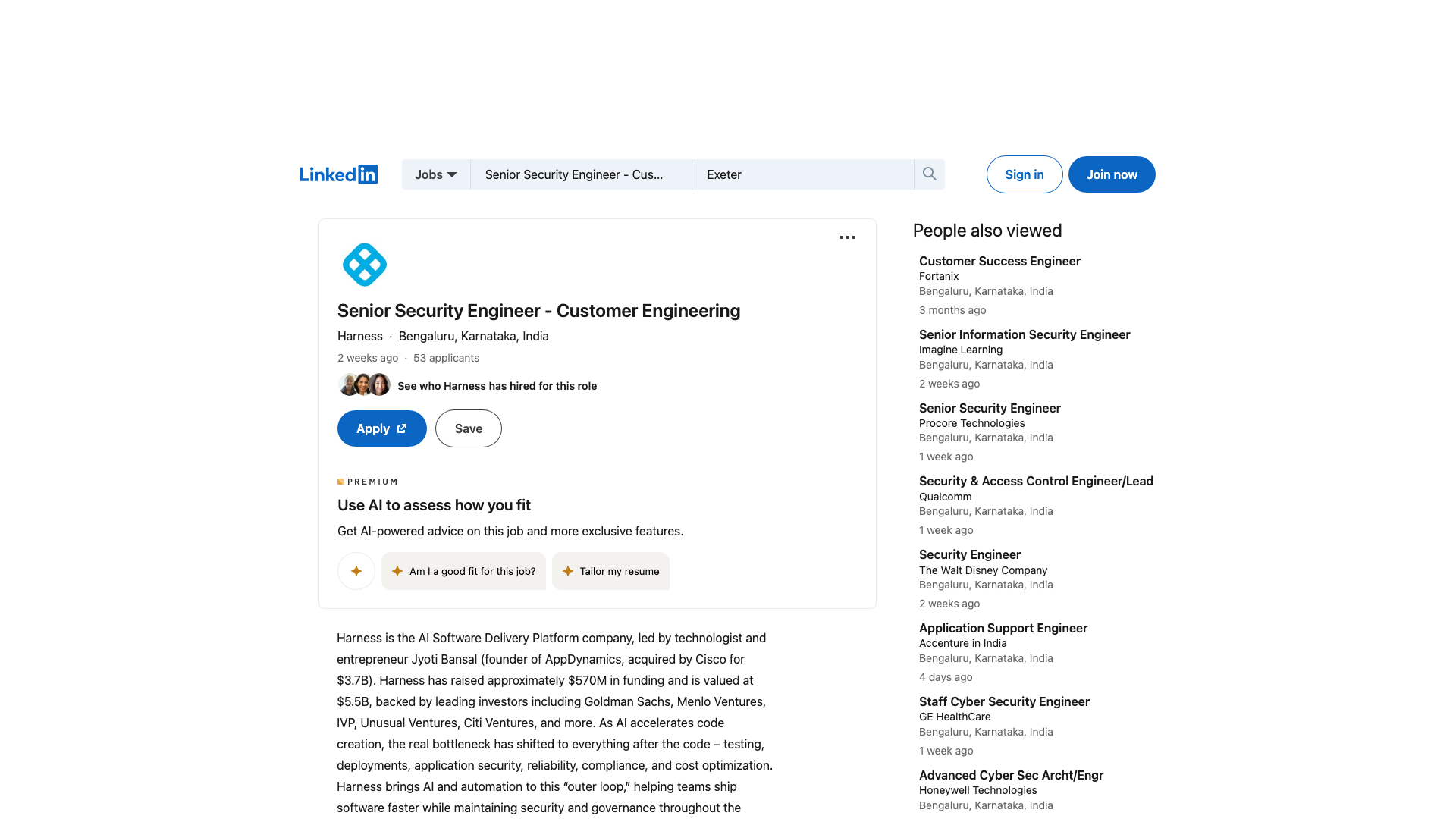 Screenshot of the Harness Senior Security Engineer - Customer Engineering job posting, captured 2026-09-05
