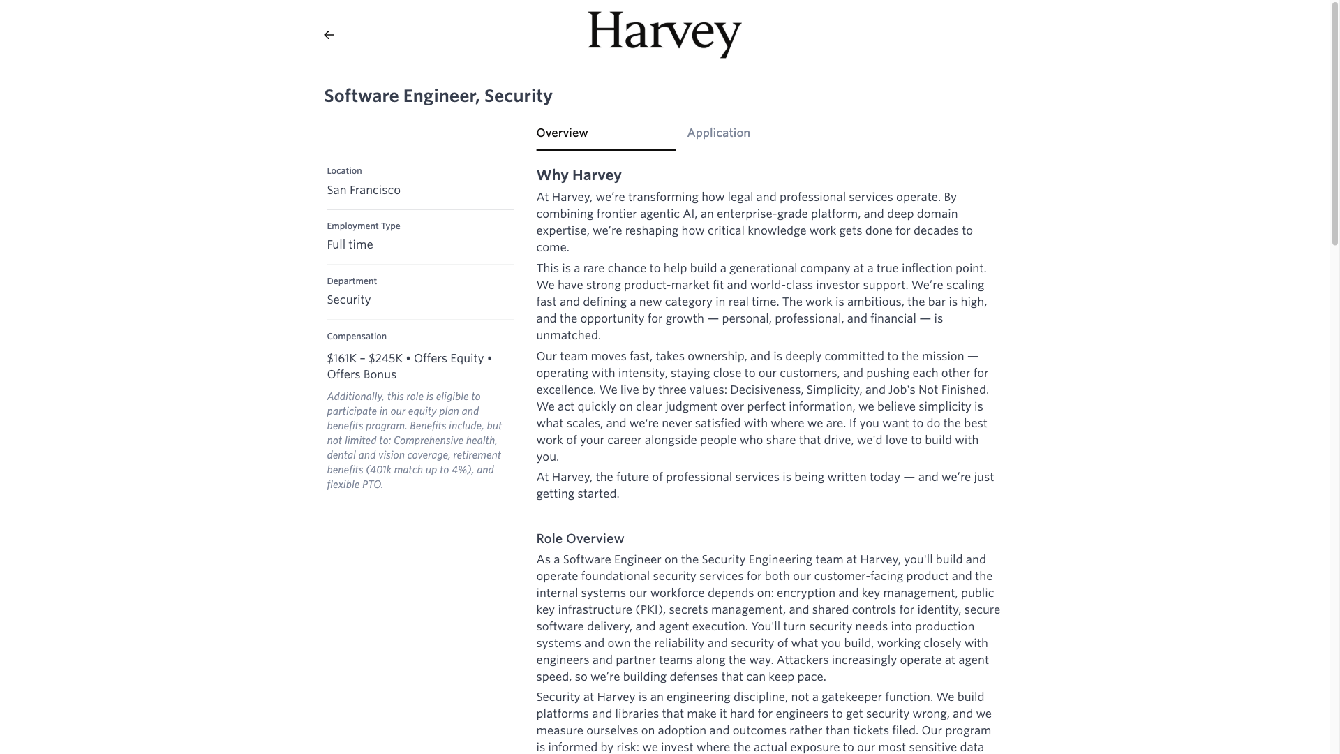 Screenshot of the Harvey Software Engineer, Security job posting, captured 2026-10-08