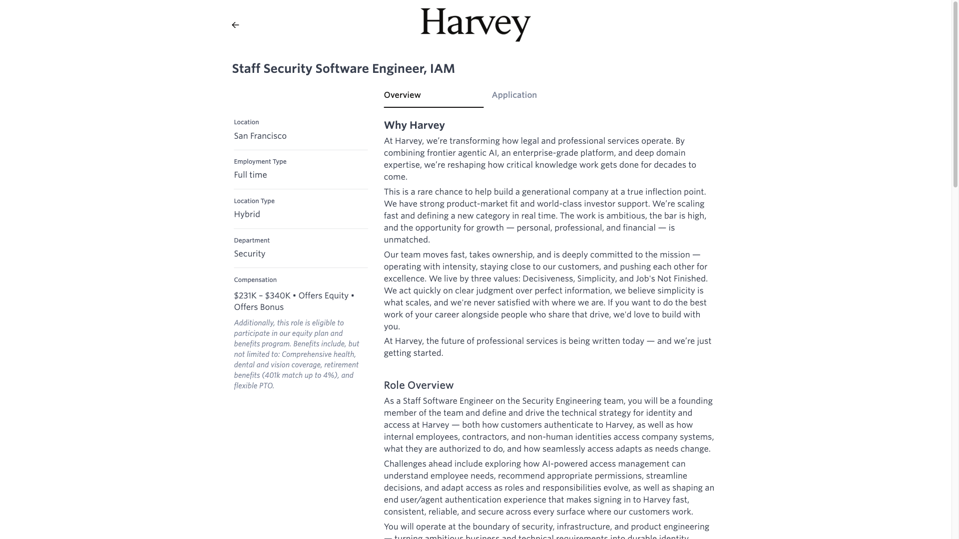 Screenshot of the Harvey Staff Security Software Engineer, IAM job posting, captured 2026-10-01