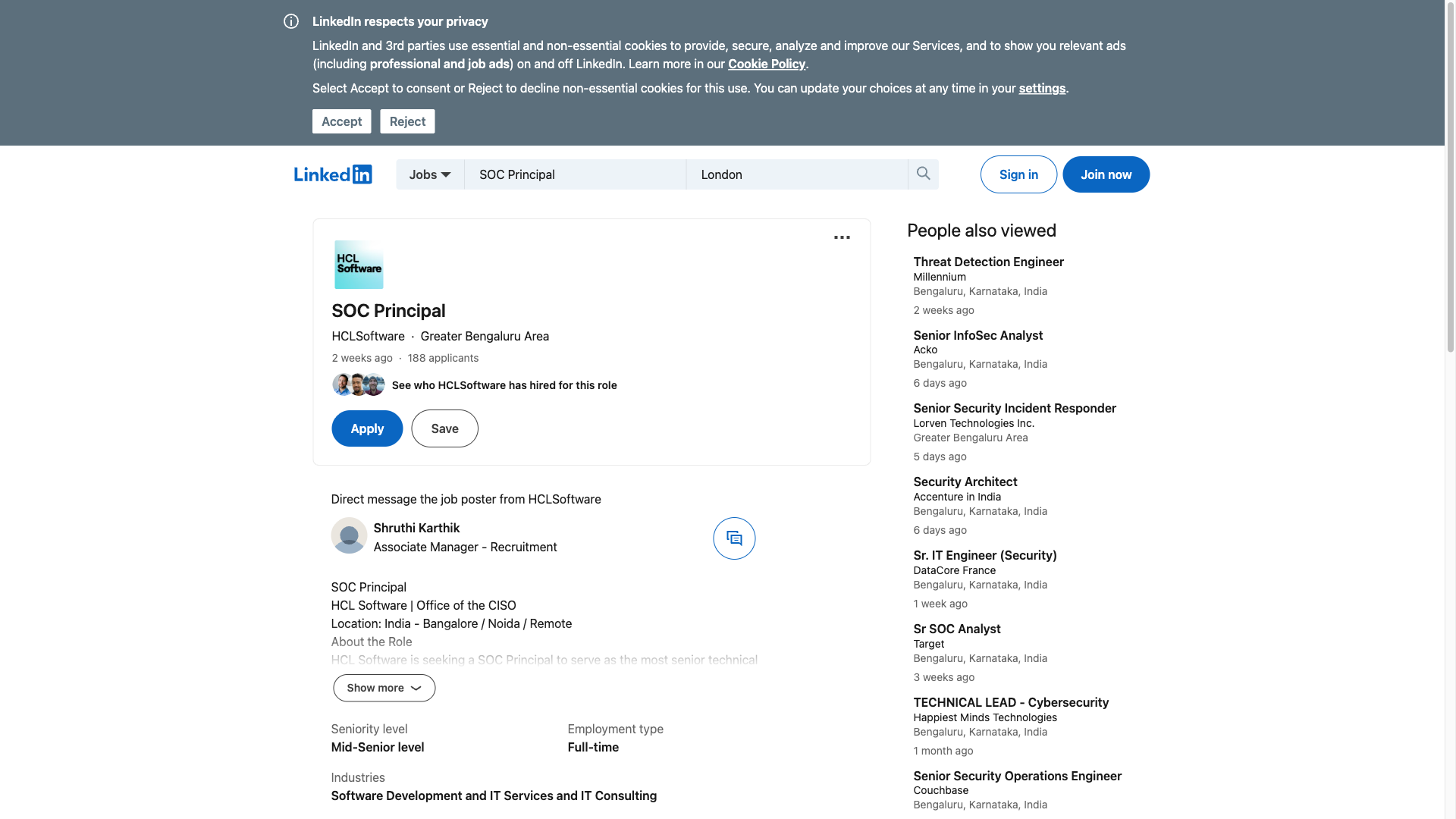 Screenshot of the HCLSoftware SOC Principal job posting, captured 2026-10-01