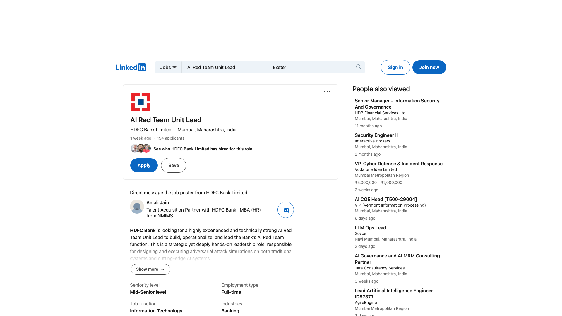 Screenshot of the HDFC Bank AI Red Team Unit Lead job posting, captured 2026-09-05
