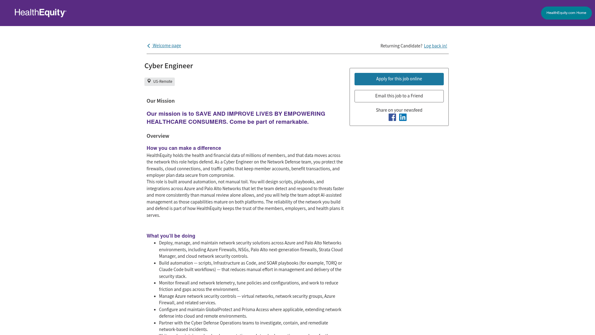 Screenshot of the HealthEquity Cyber Engineer job posting, captured 2026-08-31