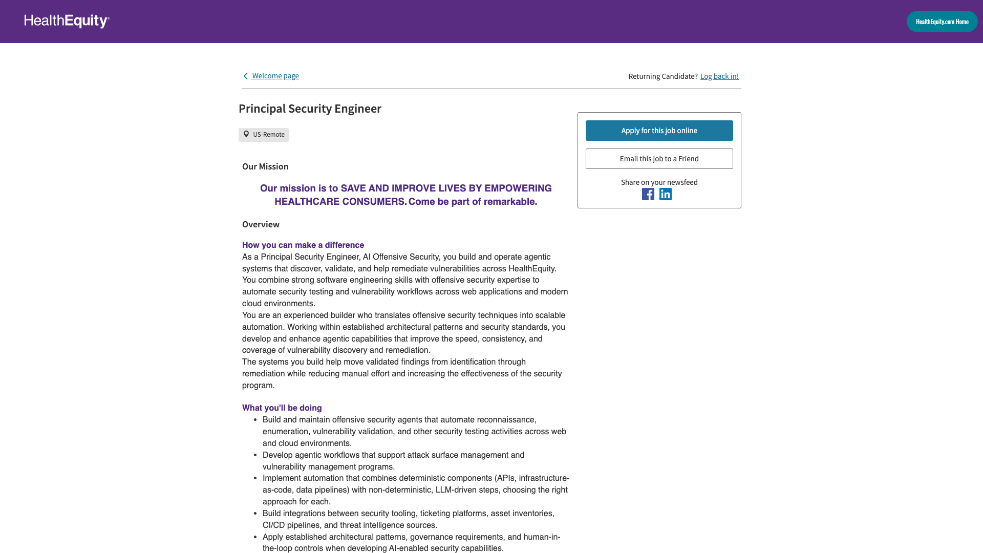 Screenshot of the HealthEquity Principal Security Engineer job posting, captured 2026-10-22