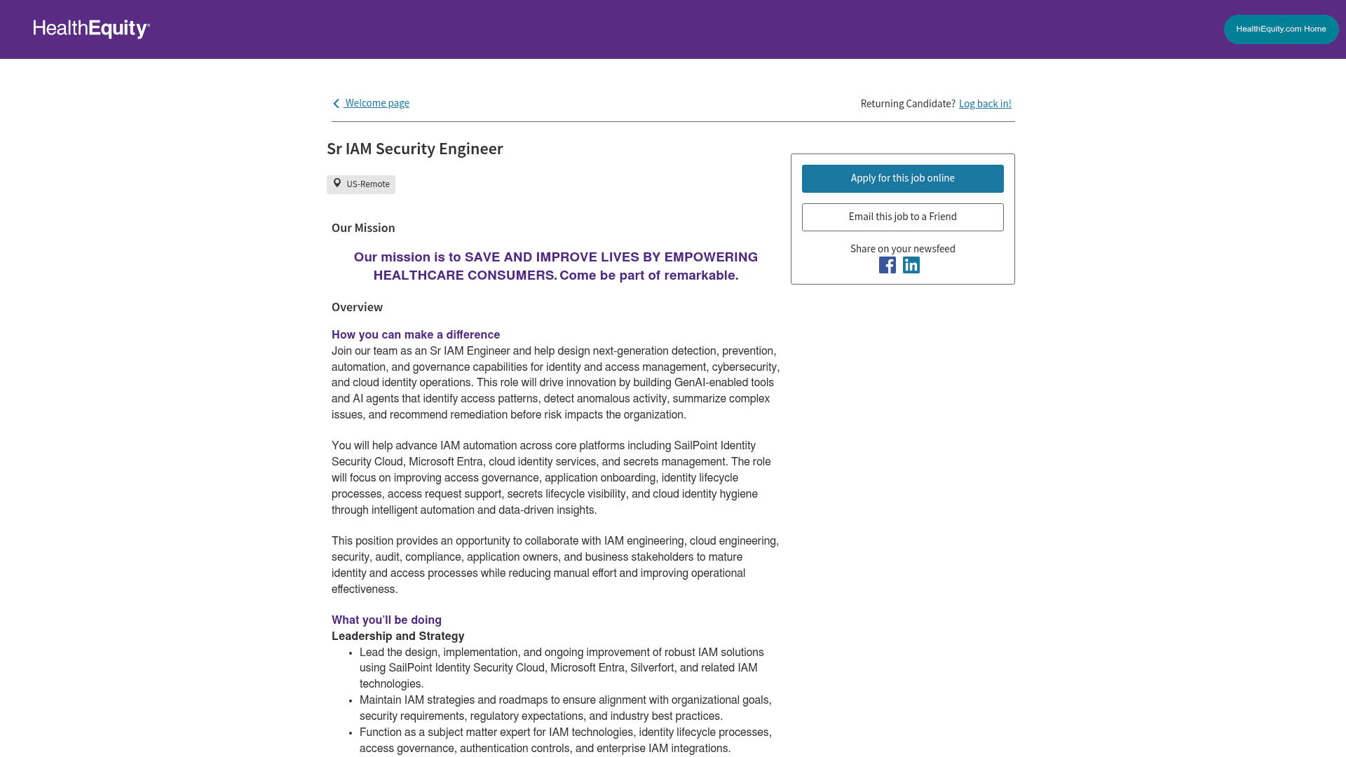 Screenshot of the HealthEquity Sr IAM Security Engineer job posting, captured 2026-08-27
