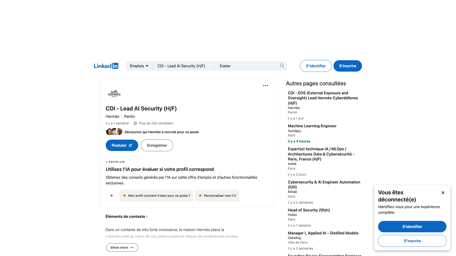 Screenshot of the Hermès CDI - Lead AI Security (H/F) job posting, captured 2026-09-05