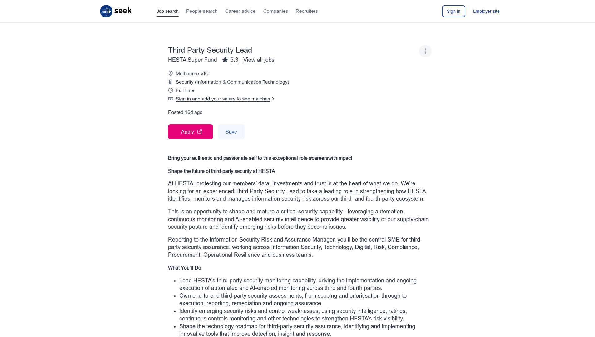 Screenshot of the HESTA Super Fund Third Party Security Lead job posting, captured 2026-09-05