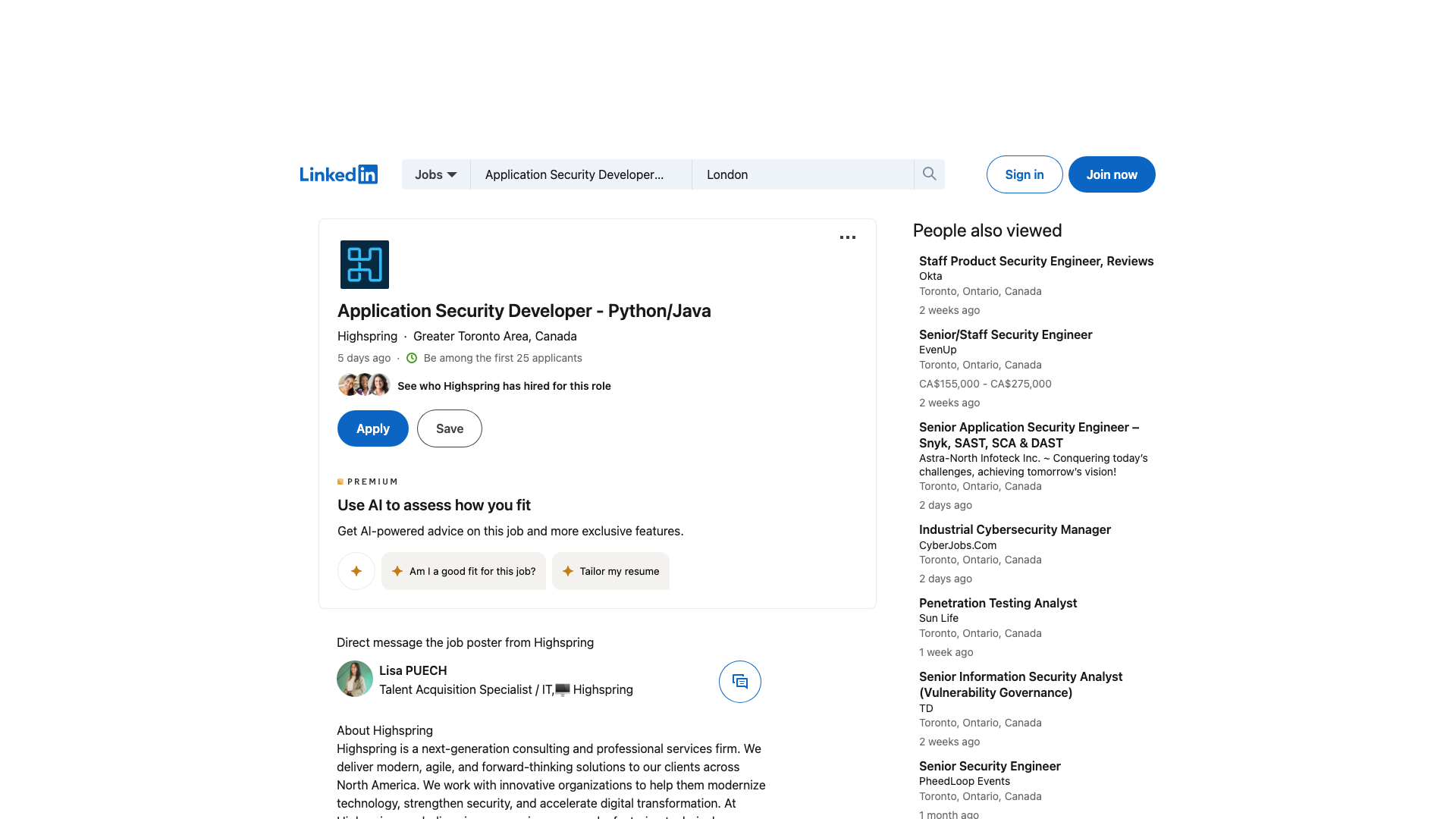 Screenshot of the Highspring Application Security Developer – Python/Java job posting, captured 2026-09-05