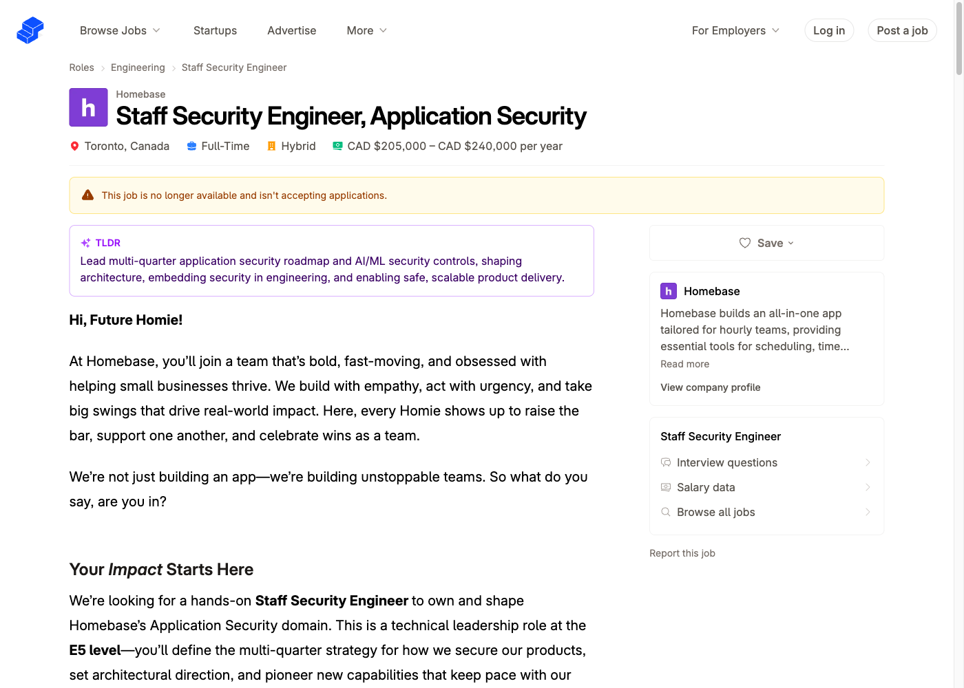 Screenshot of the Homebase Staff Security Engineer, Application Security job posting, captured 2026-07-26