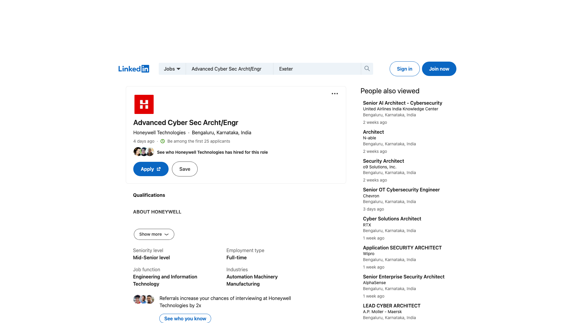 Screenshot of the Honeywell Advanced Cyber Sec Archt/Engr job posting, captured 2026-09-05