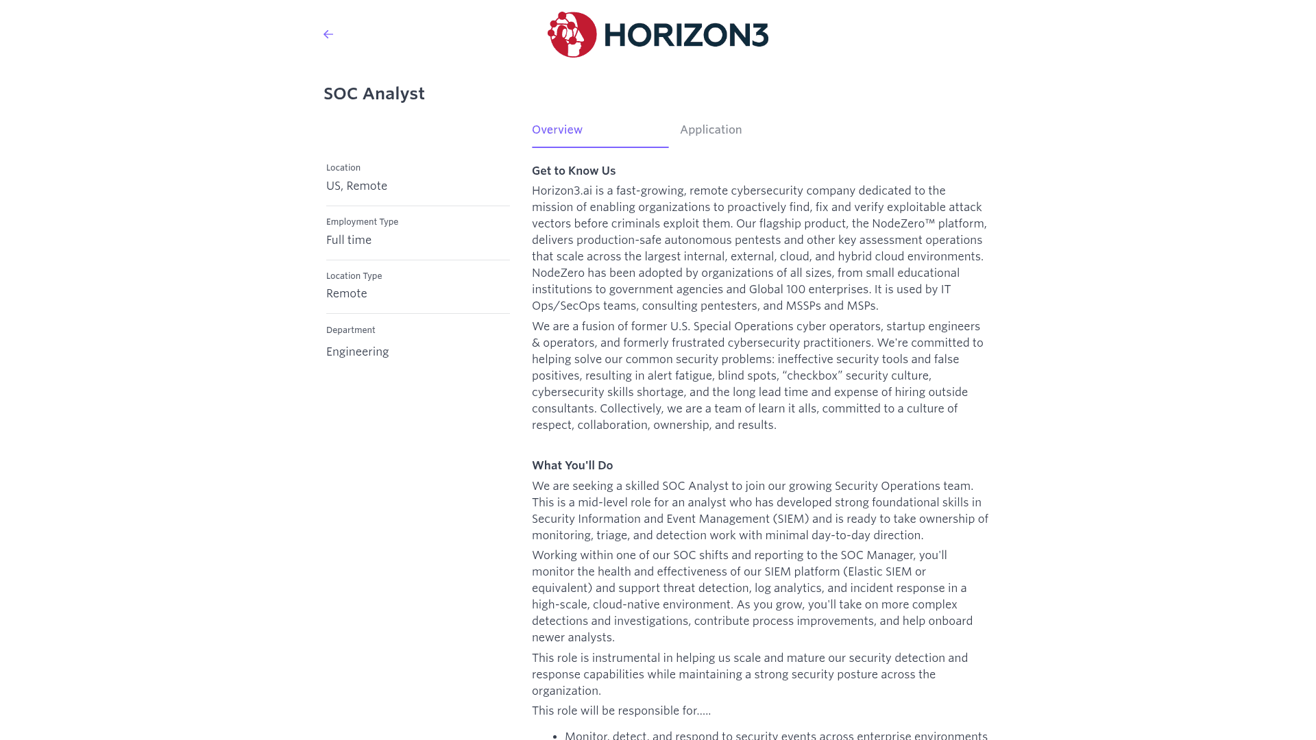 Screenshot of the Horizon3.ai SOC Analyst job posting, captured 2026-08-27