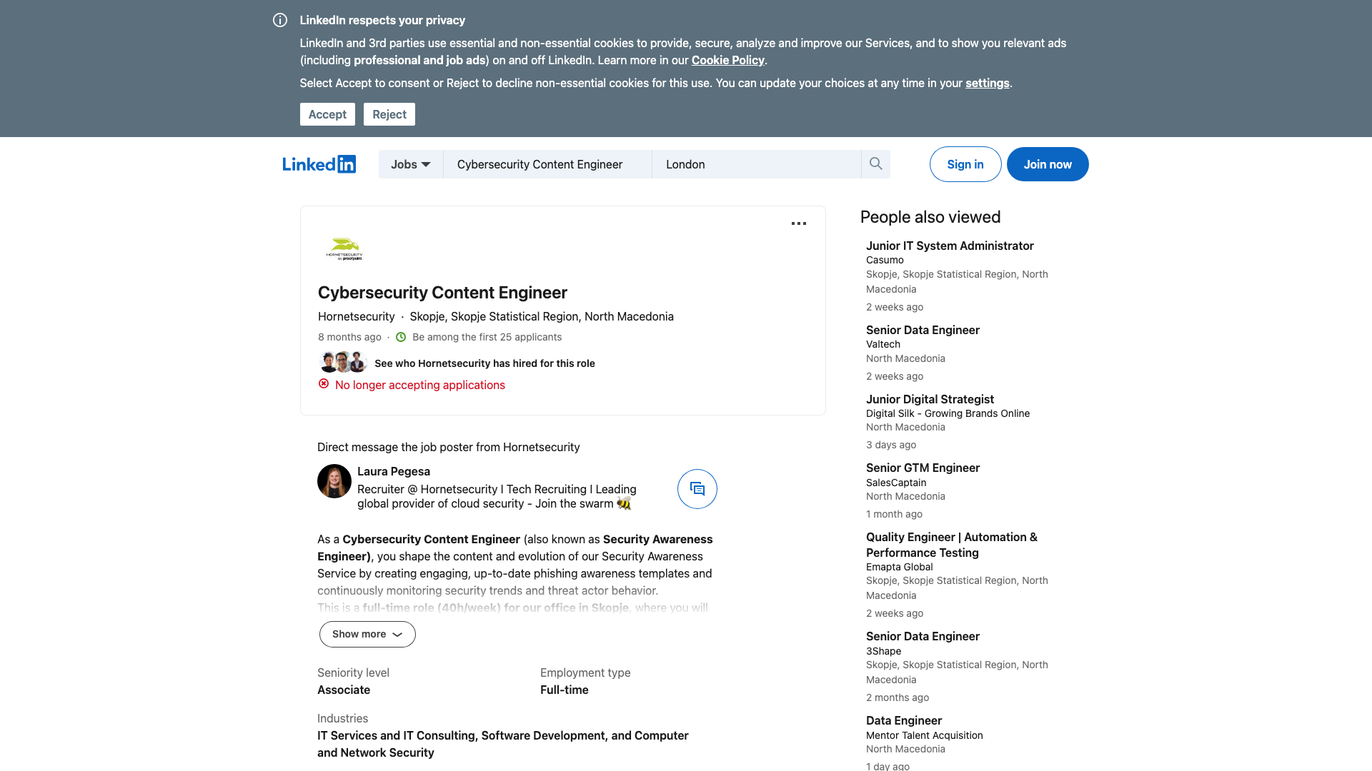 Screenshot of the Hornetsecurity Cybersecurity Content Engineer job posting, captured 2026-10-22