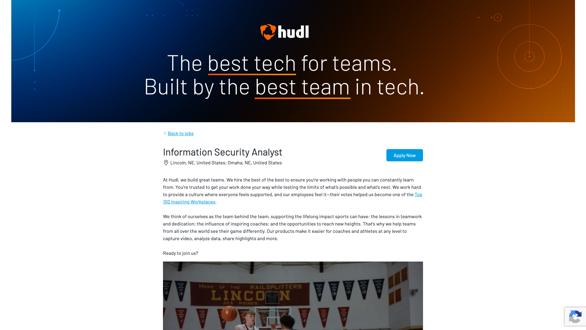 Screenshot of the Hudl Information Security Analyst job posting, captured 2026-10-22