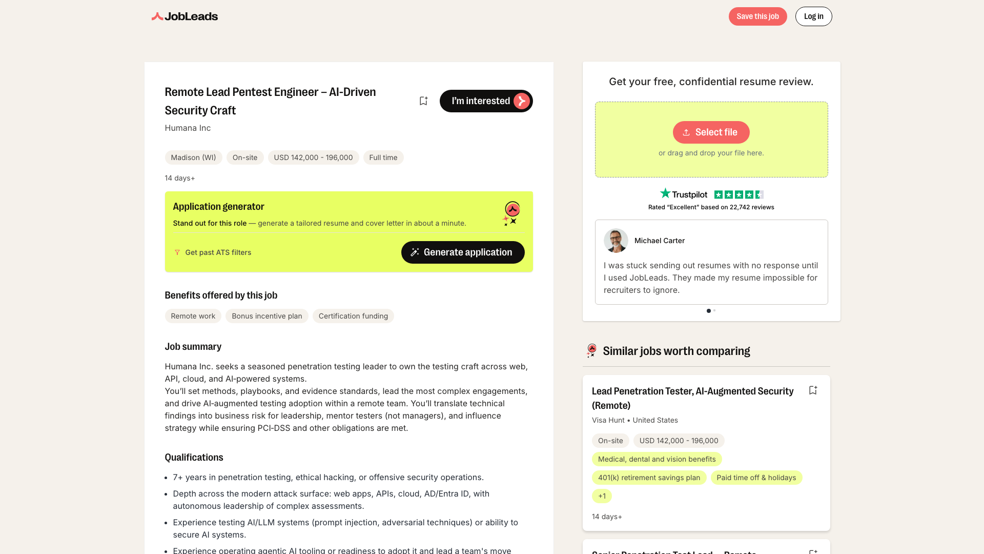 Screenshot of the Humana Lead Pentest Engineer – AI-Driven Security Craft job posting, captured 2026-09-05