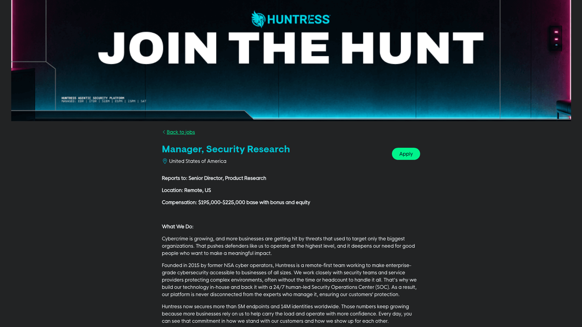 Screenshot of the Huntress Manager, Security Research job posting, captured 2026-08-27