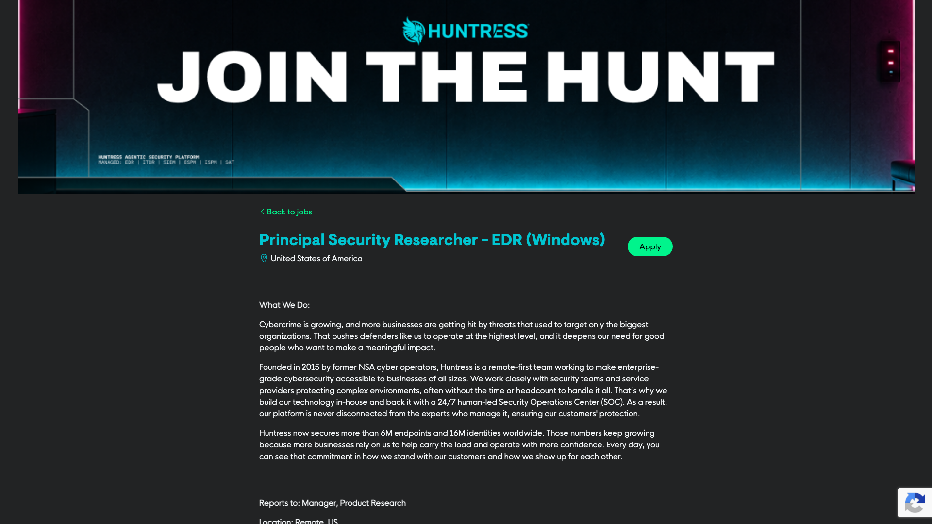 Screenshot of the Huntress Principal Security Researcher - EDR (Windows) job posting, captured 2026-10-22