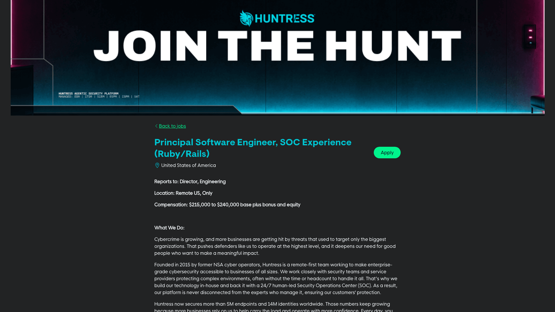 Screenshot of the Huntress Principal Software Engineer, SOC Experience job posting, captured 2026-08-27