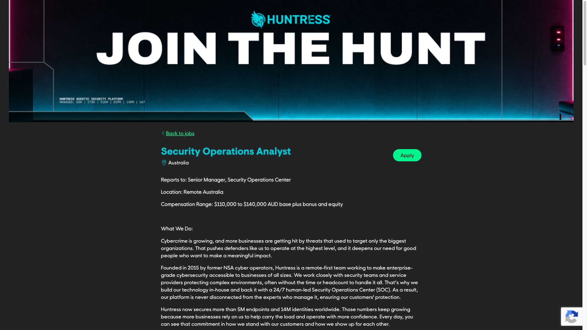Screenshot of the Huntress Security Operations Analyst job posting, captured 2026-10-01