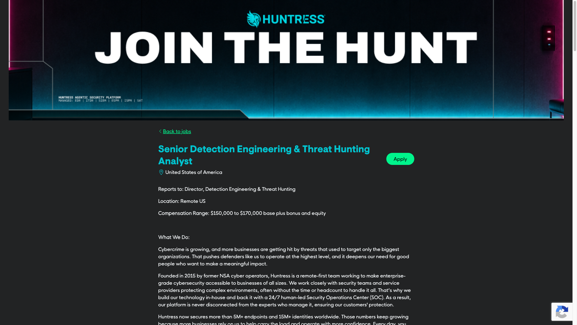 Screenshot of the Huntress Senior Detection Engineering & Threat Hunting Analyst job posting, captured 2026-10-01