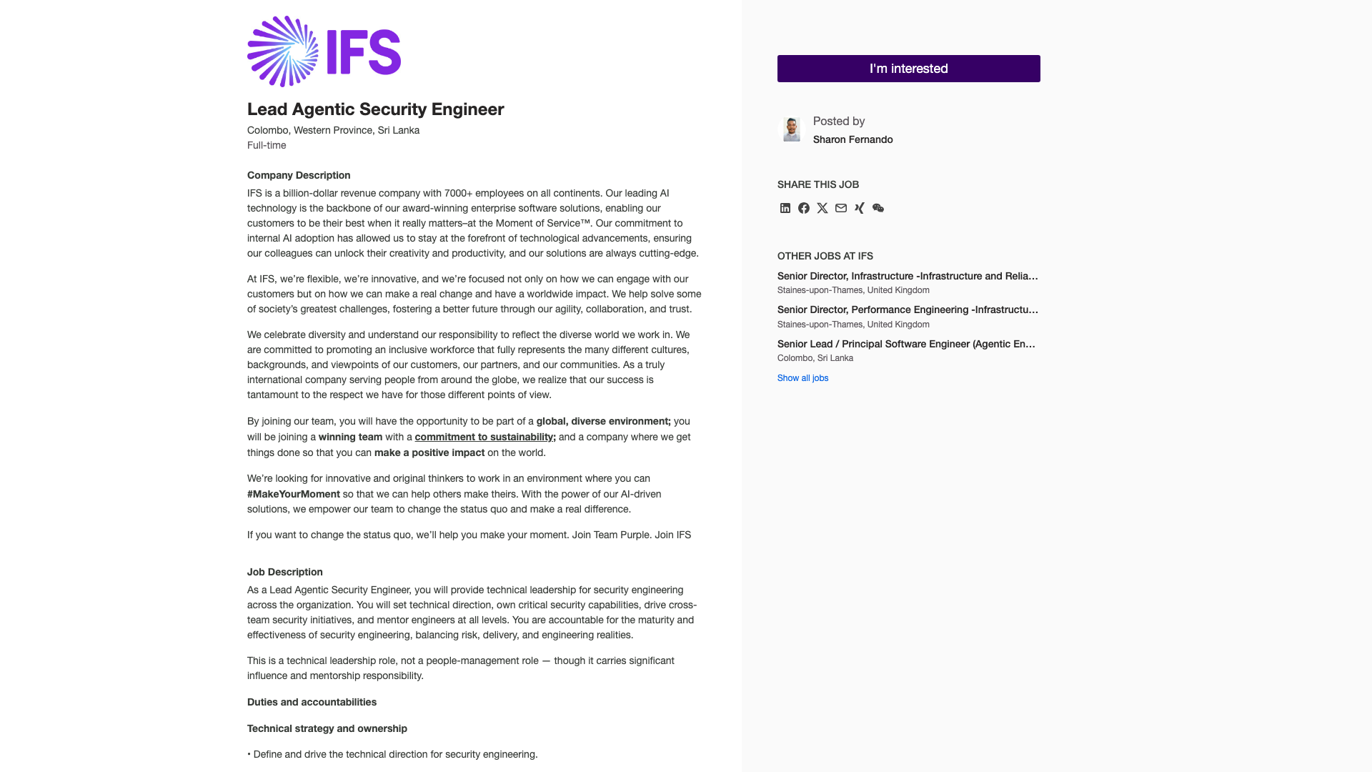 Screenshot of the IFS Lead Agentic Security Engineer job posting, captured 2026-10-22