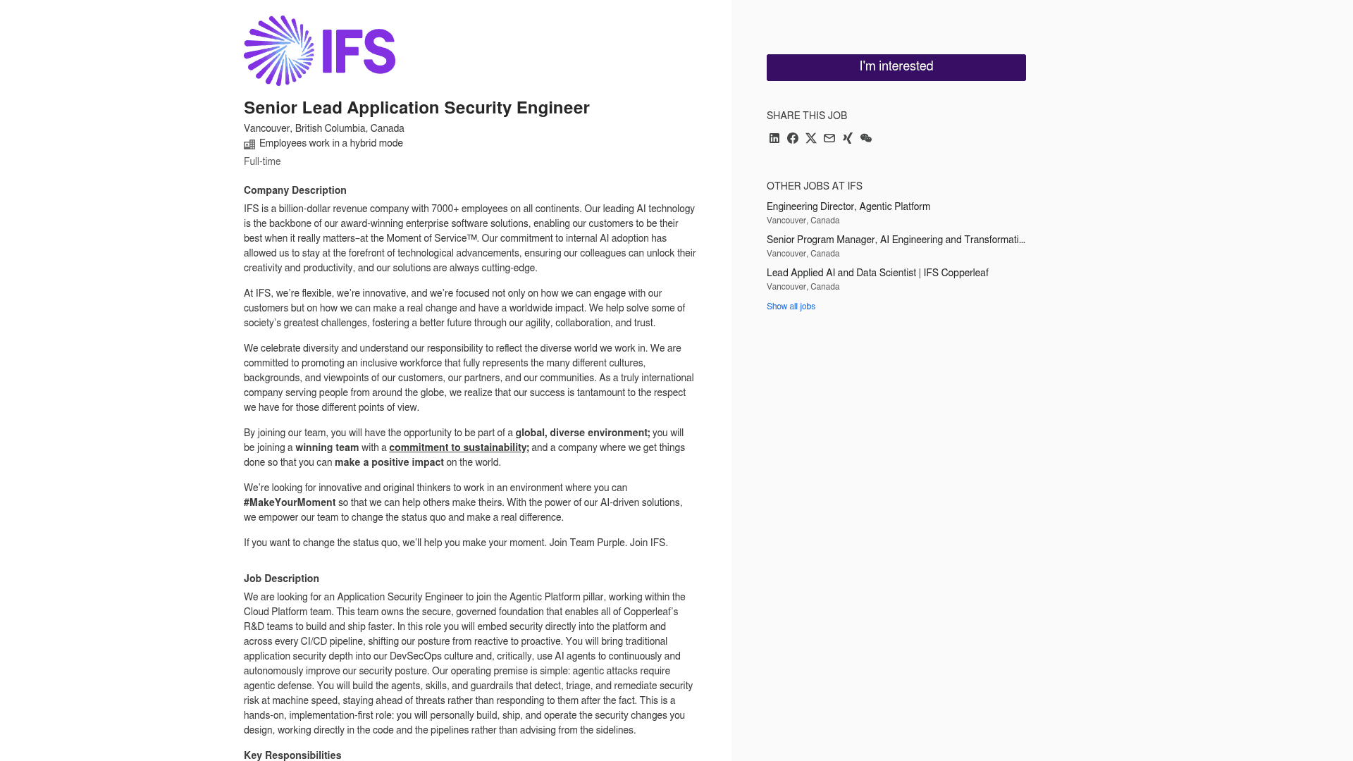 Screenshot of the IFS Senior Lead Application Security Engineer job posting, captured 2026-08-31