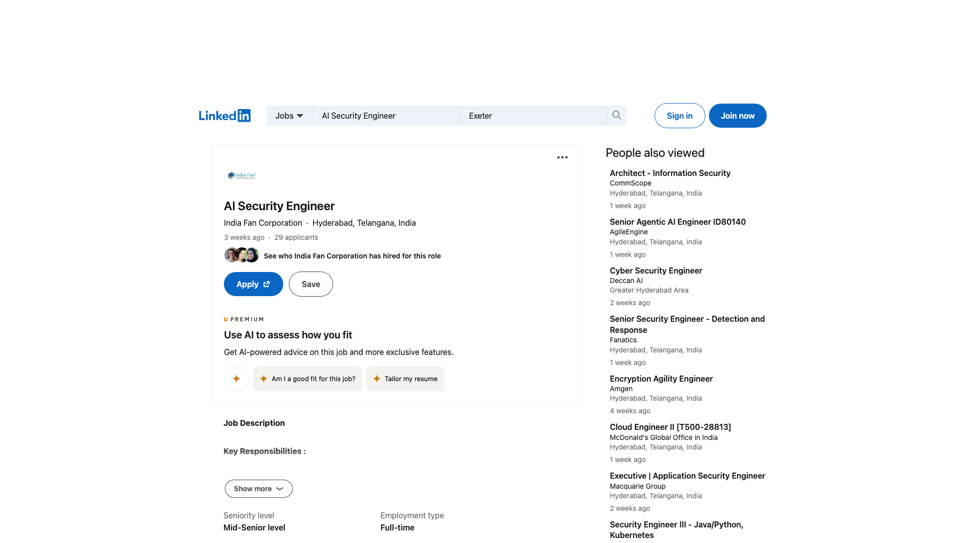 Screenshot of the India Fan Corporation AI Security Engineer job posting, captured 2026-09-05