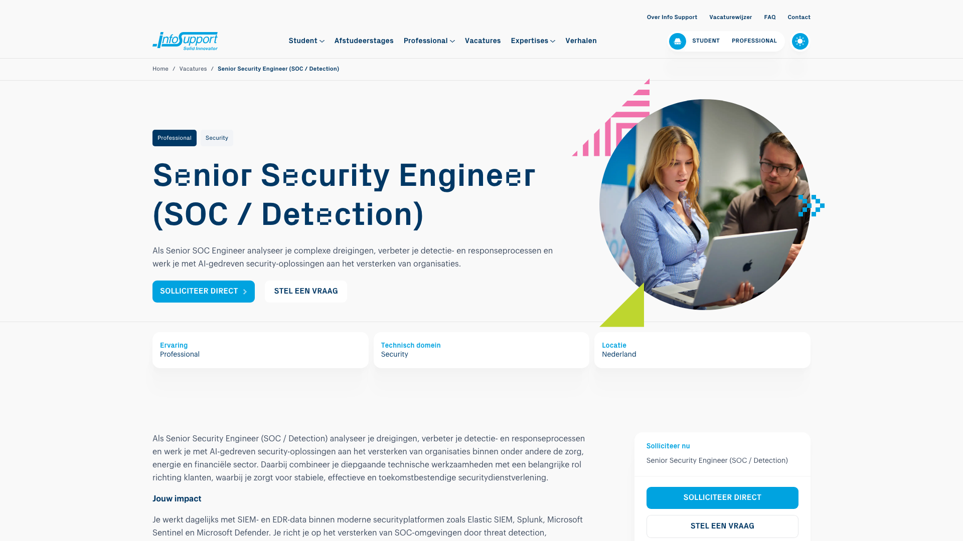 Screenshot of the Info Support Senior Security Engineer (SOC / Detection) job posting, captured 2026-09-05
