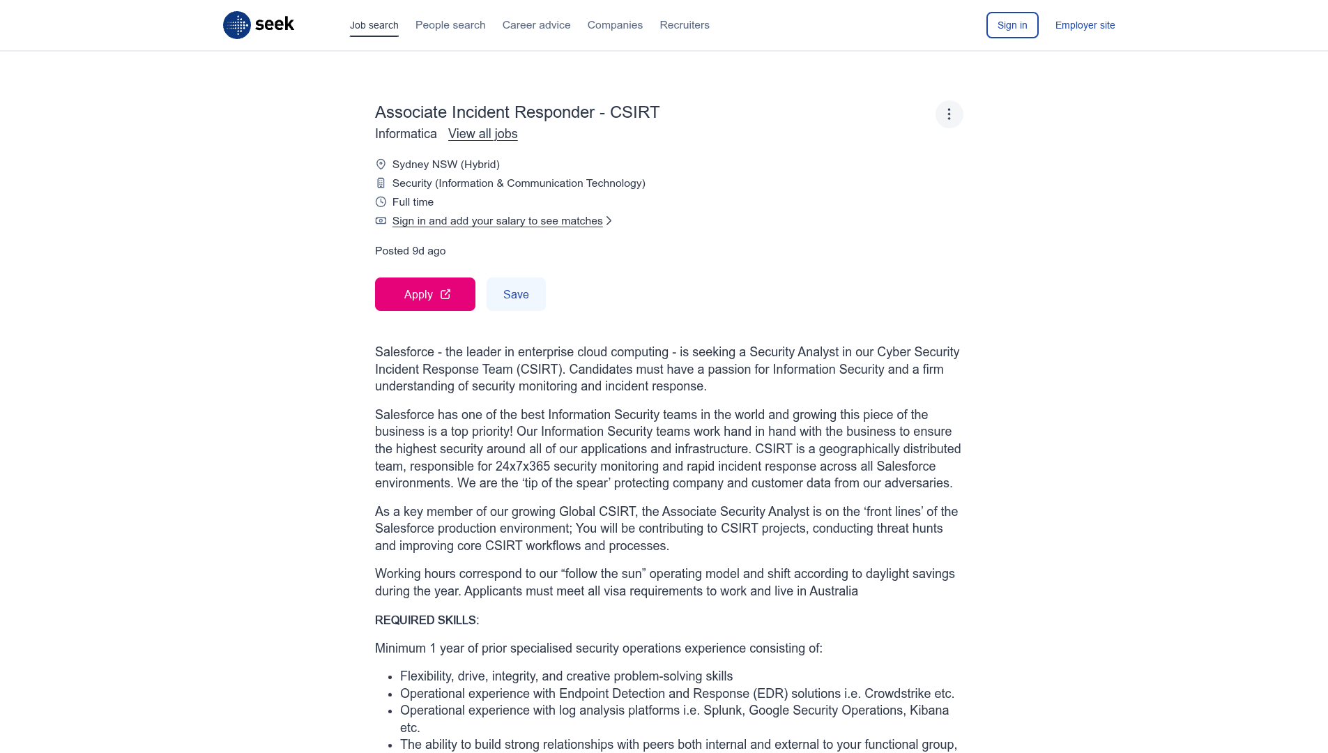 Screenshot of the Informatica Associate Incident Responder - CSIRT job posting, captured 2026-09-05