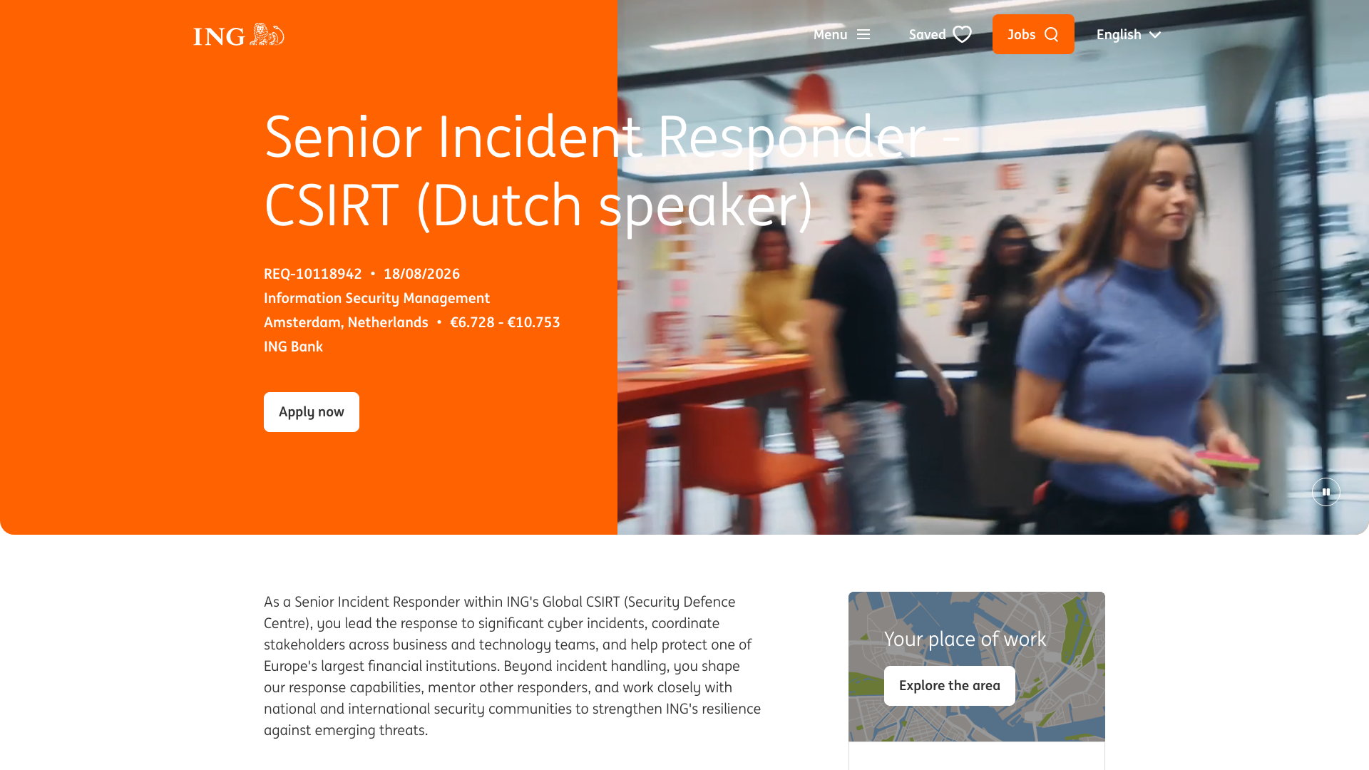 Screenshot of the ING Senior Incident Responder - CSIRT (Dutch speaker) job posting, captured 2026-09-05