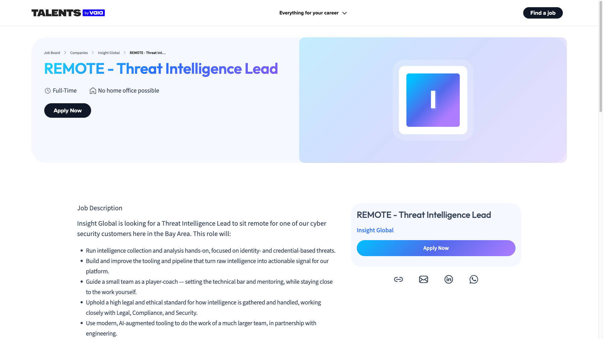 Screenshot of the Insight Global (client undisclosed) Threat Intelligence Lead job posting, captured 2026-09-23