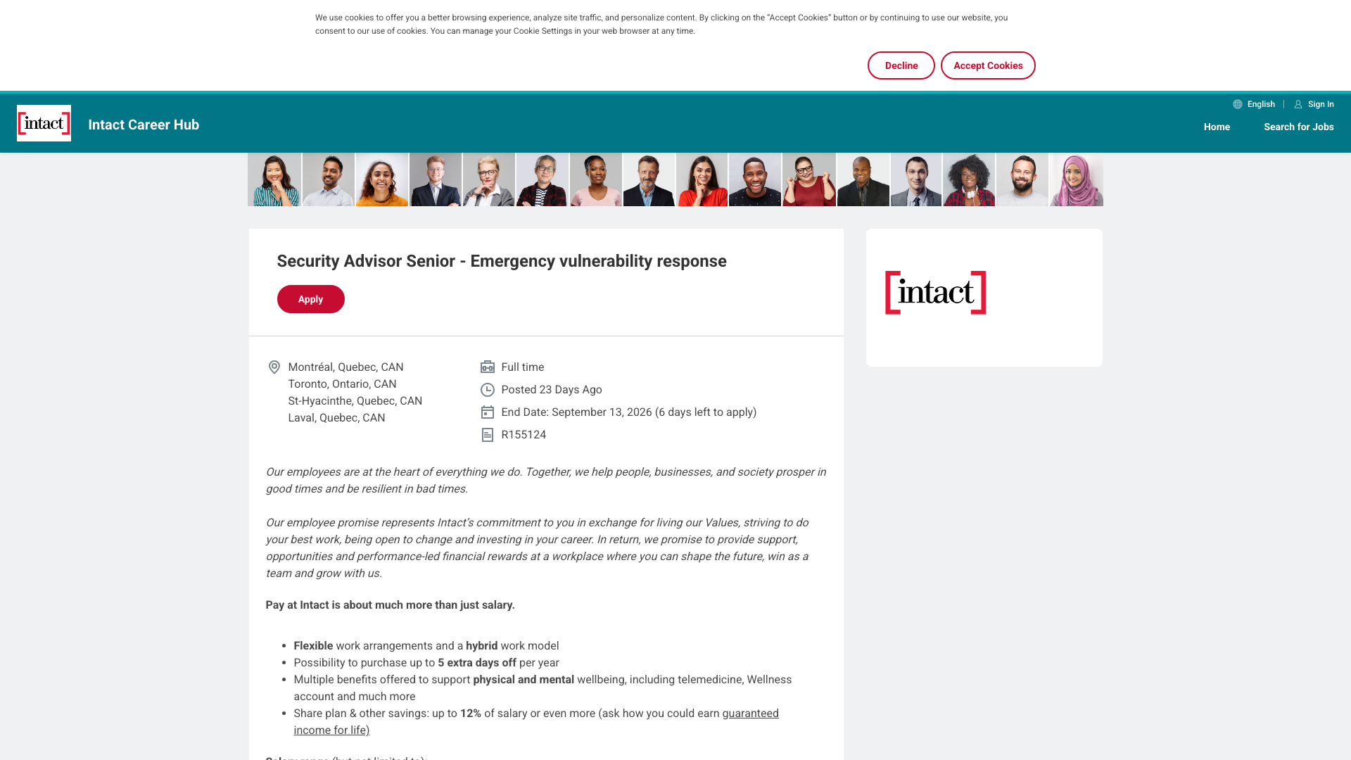 Screenshot of the Intact Security Advisor Senior – Emergency vulnerability response job posting, captured 2026-09-05