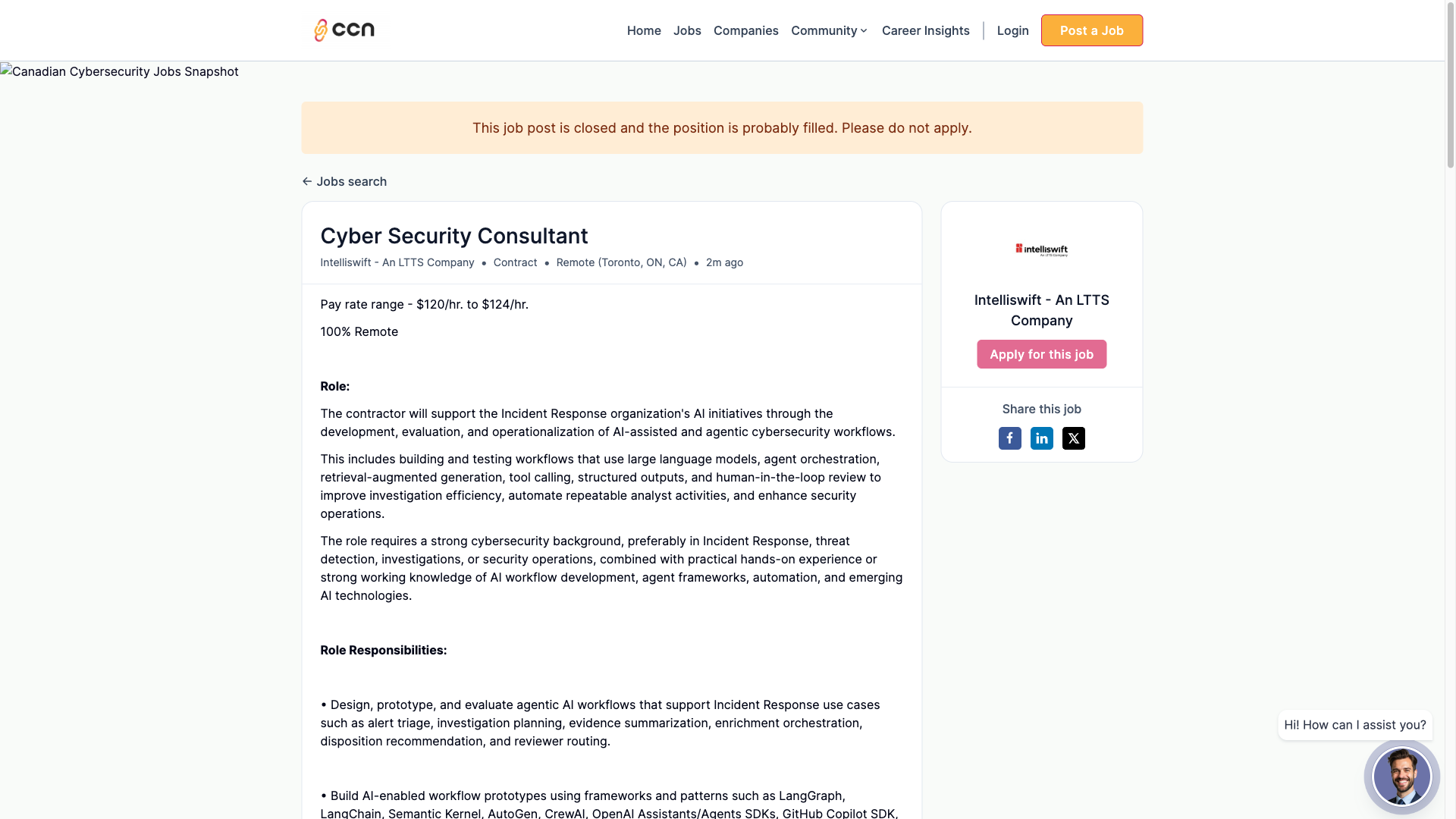 Screenshot of the Intelliswift Cyber Security Consultant — AI-focused Incident Response Engineer job posting, captured 2026-09-05