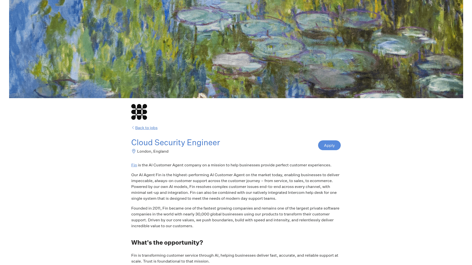 Screenshot of the Intercom Cloud Security Engineer job posting, captured 2026-08-27