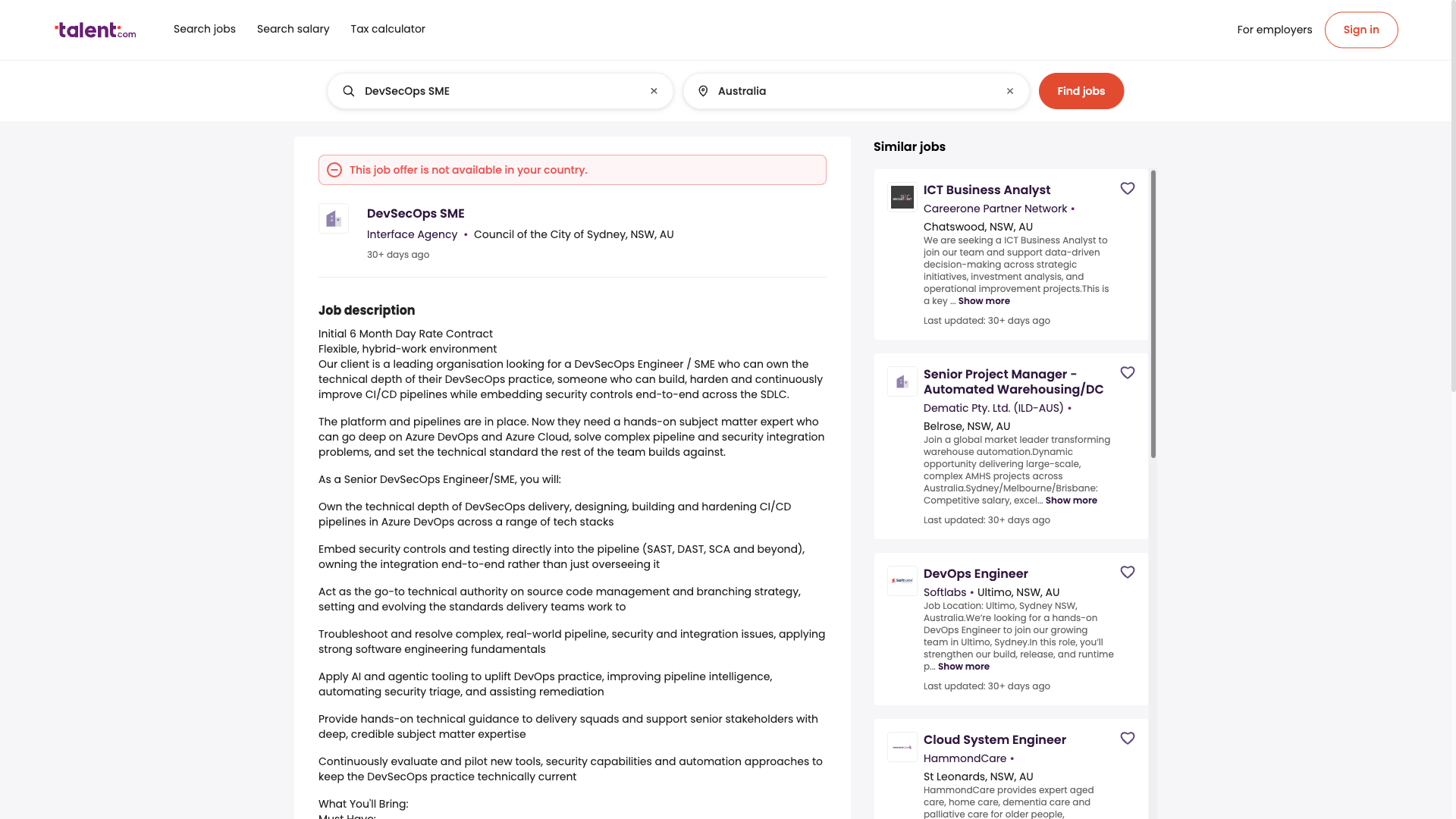 Screenshot of the Interface Agency (client undisclosed) DevSecOps SME job posting, captured 2026-09-05